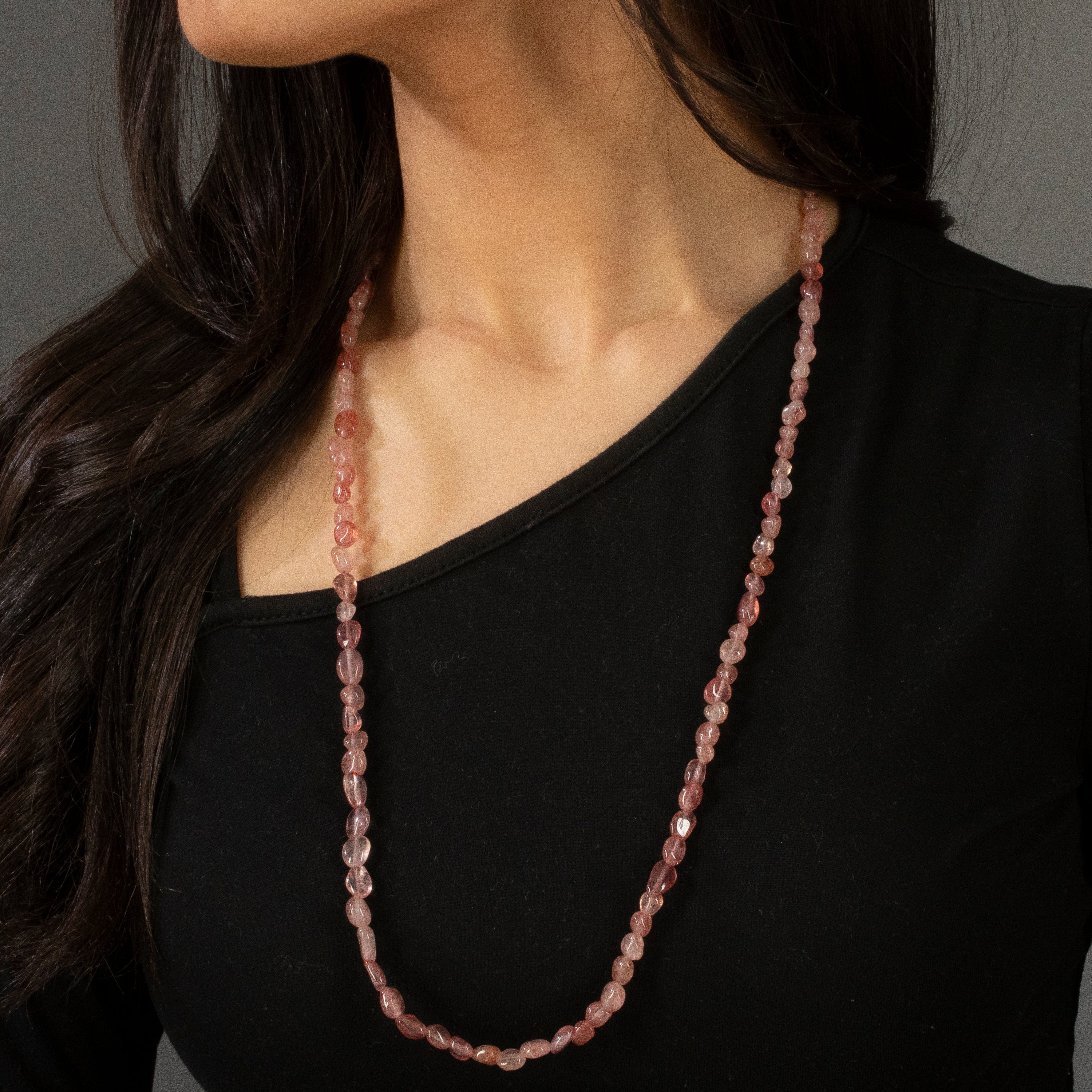 KALIFANO Gemstone Jewelry 8mm Strawberry Quartz 30" Necklace / Multi wrap Bracelet N77-SBQ