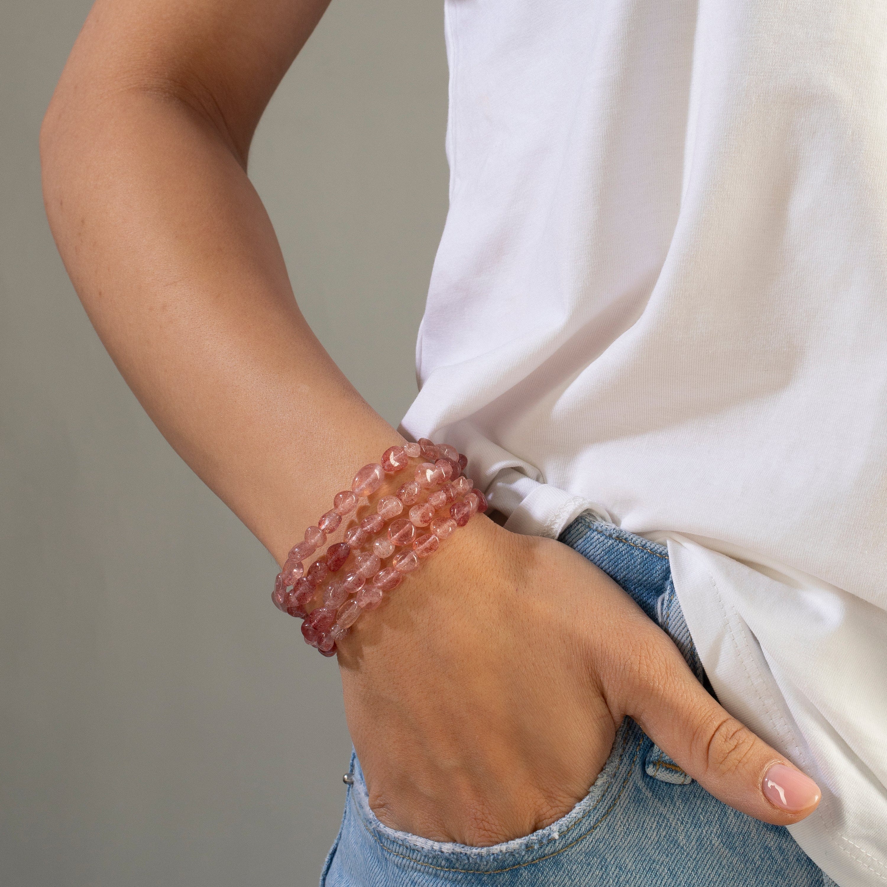 KALIFANO Gemstone Jewelry 8mm Strawberry Quartz 30" Necklace / Multi wrap Bracelet N77-SBQ