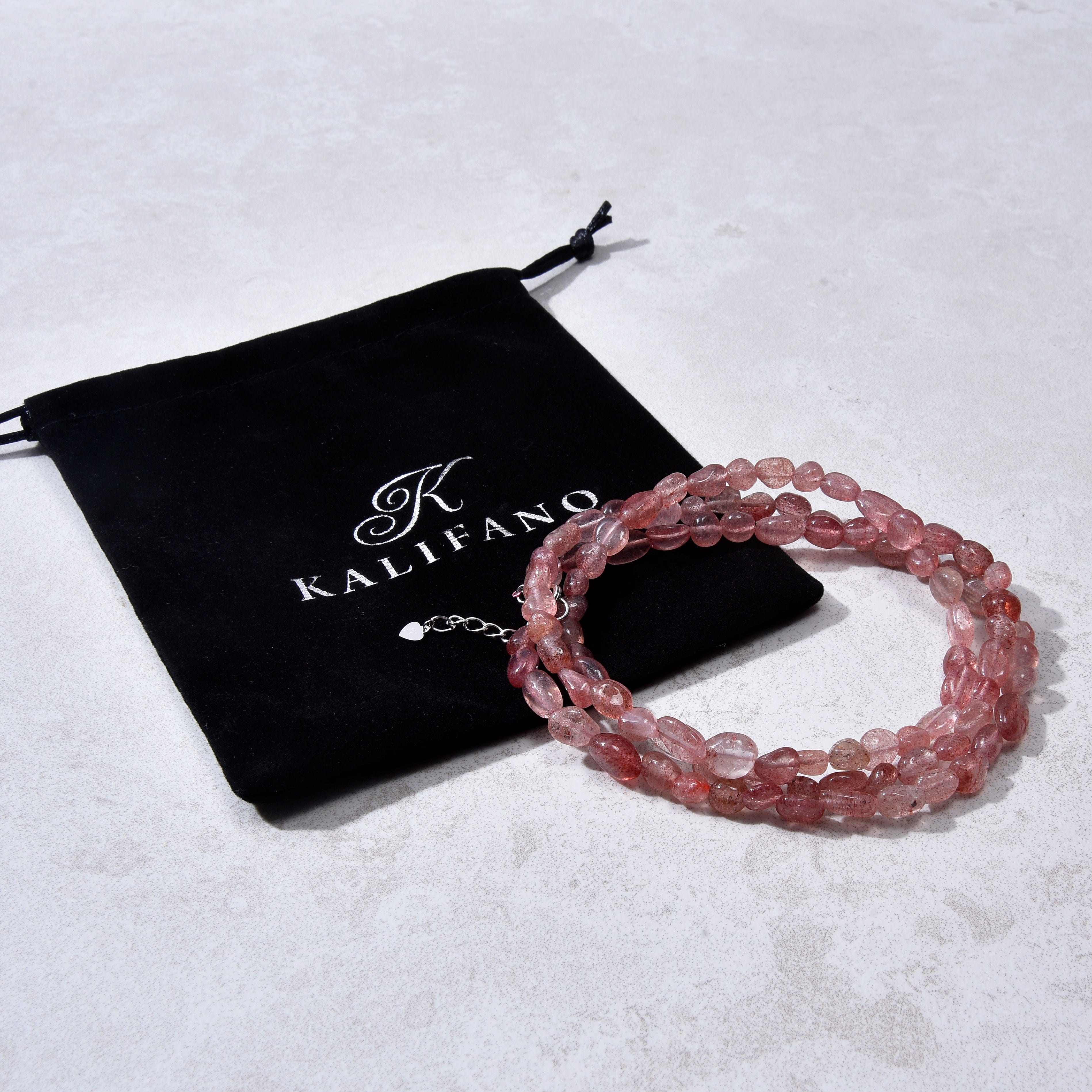 KALIFANO Gemstone Jewelry 8mm Strawberry Quartz 30" Necklace / Multi wrap Bracelet N77-SBQ