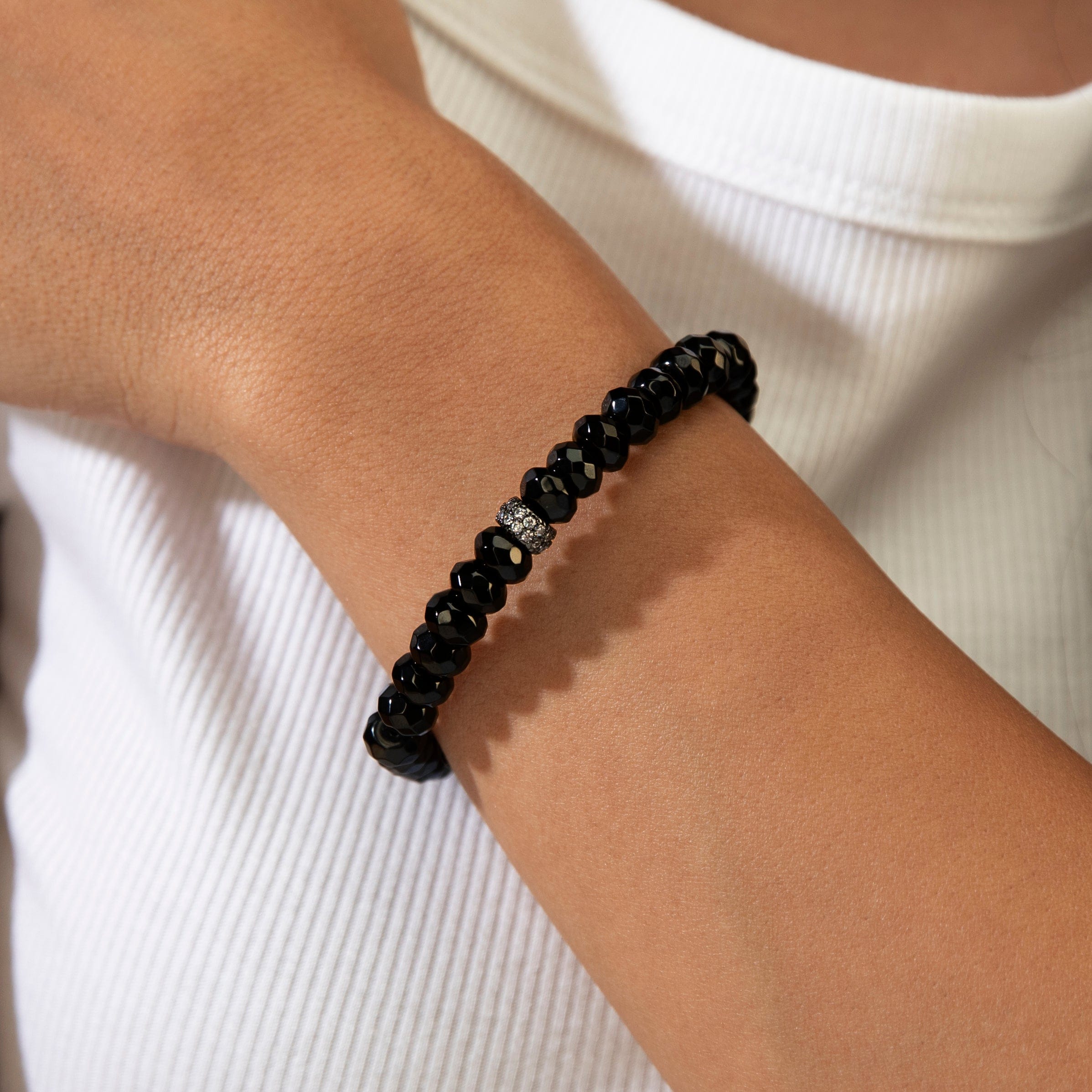 KALIFANO Gemstone Jewelry 8x5mm Black Agate Gemstone Elastic Bracelet