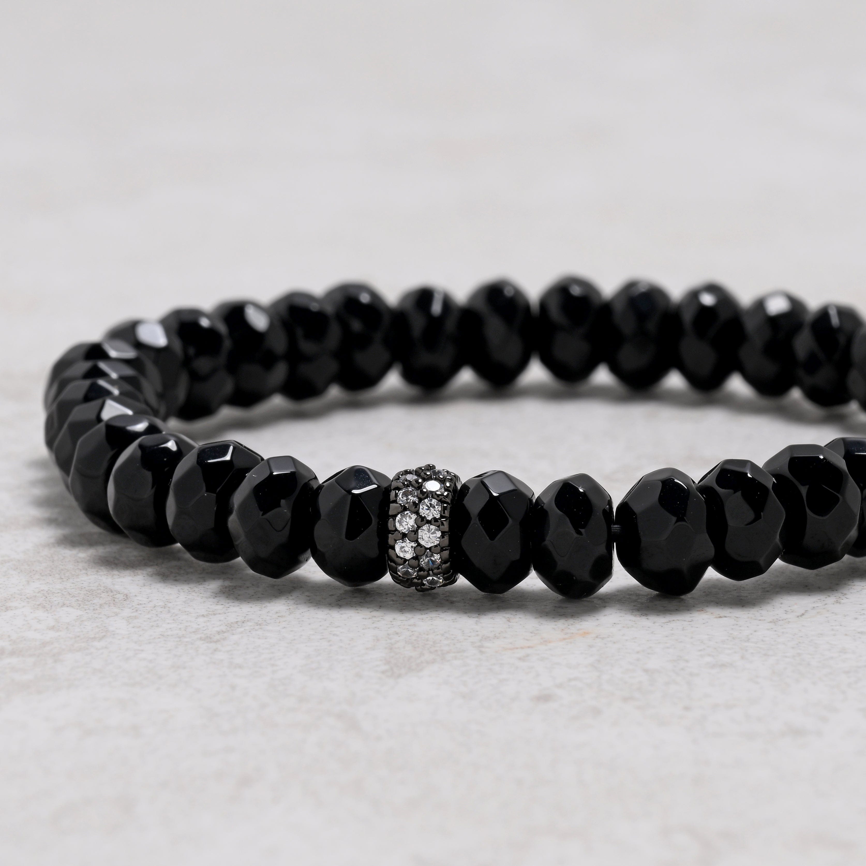 KALIFANO Gemstone Jewelry 8x5mm Black Agate Gemstone Elastic Bracelet