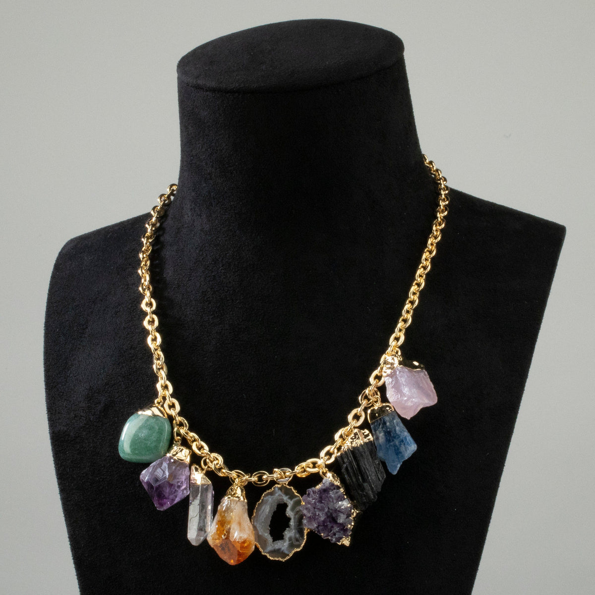 KALIFANO Gemstone Jewelry 9 Chakra Stone Gemstone Charm Necklace - Gold Tone CJNG-2009-MT