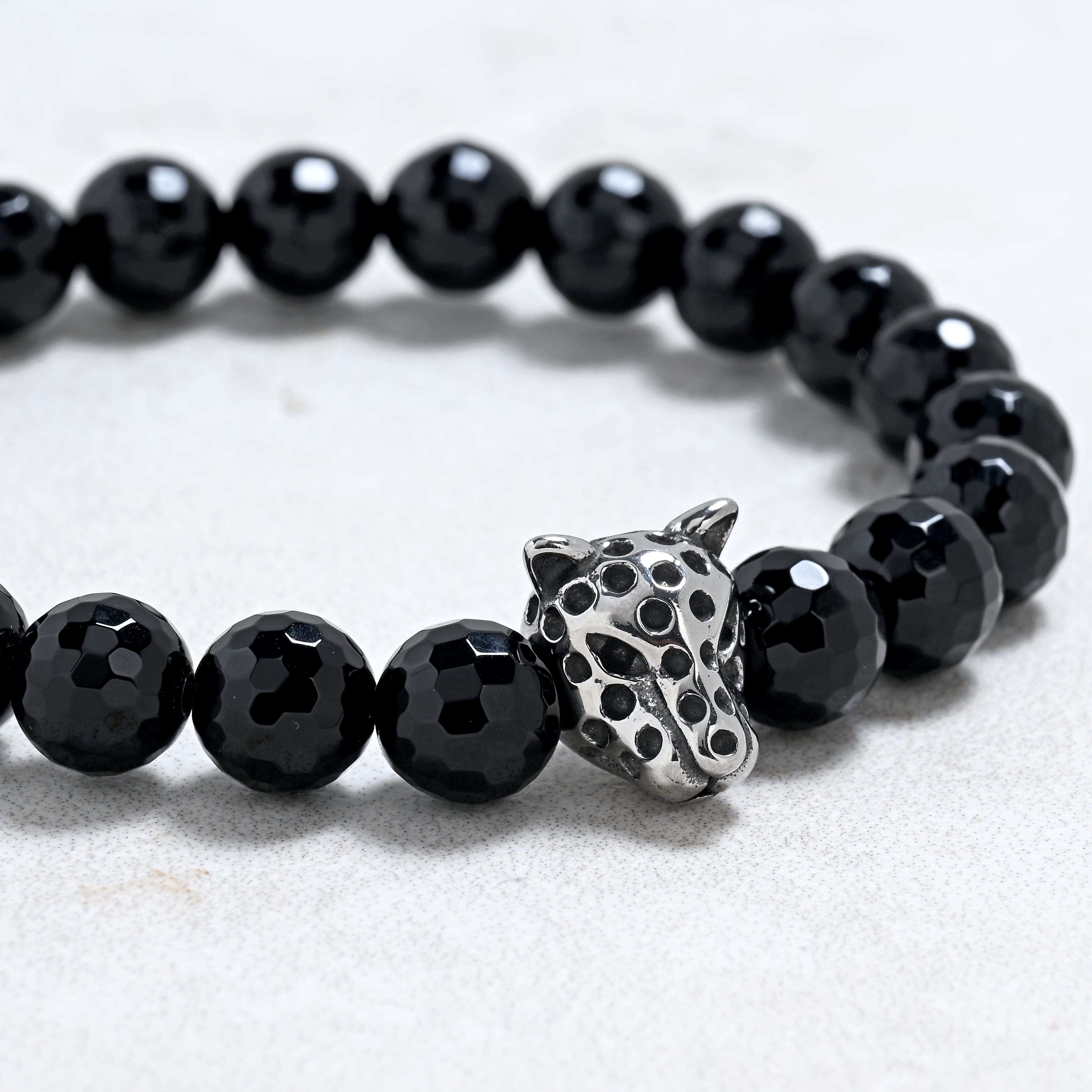 KALIFANO Gemstone Jewelry Black Agate 8mm Natural Gemstone Stretch Bracelet