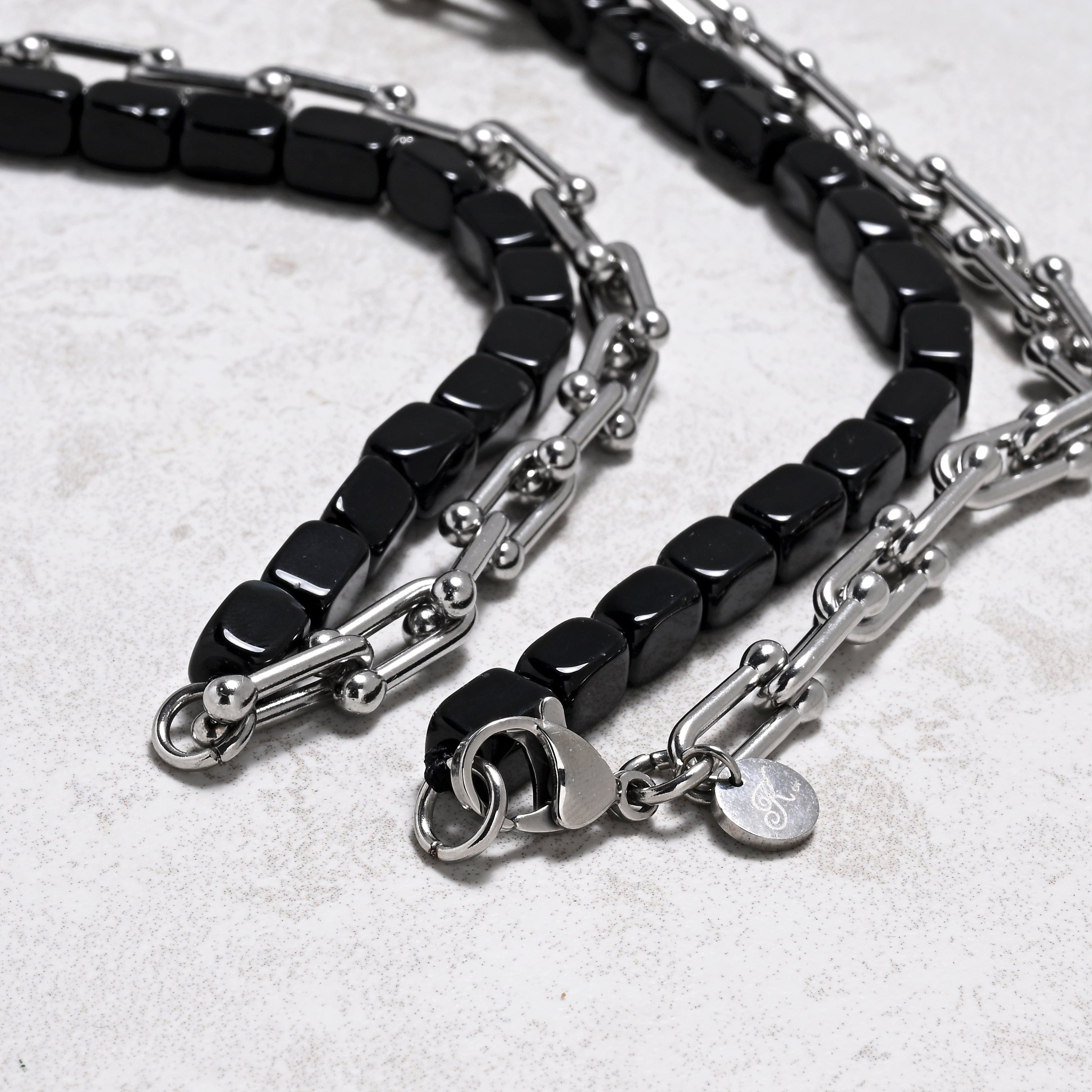 KALIFANO Gemstone Jewelry Black Agate & Hardware Style Chain Adjustable Necklace 2SN-BAE
