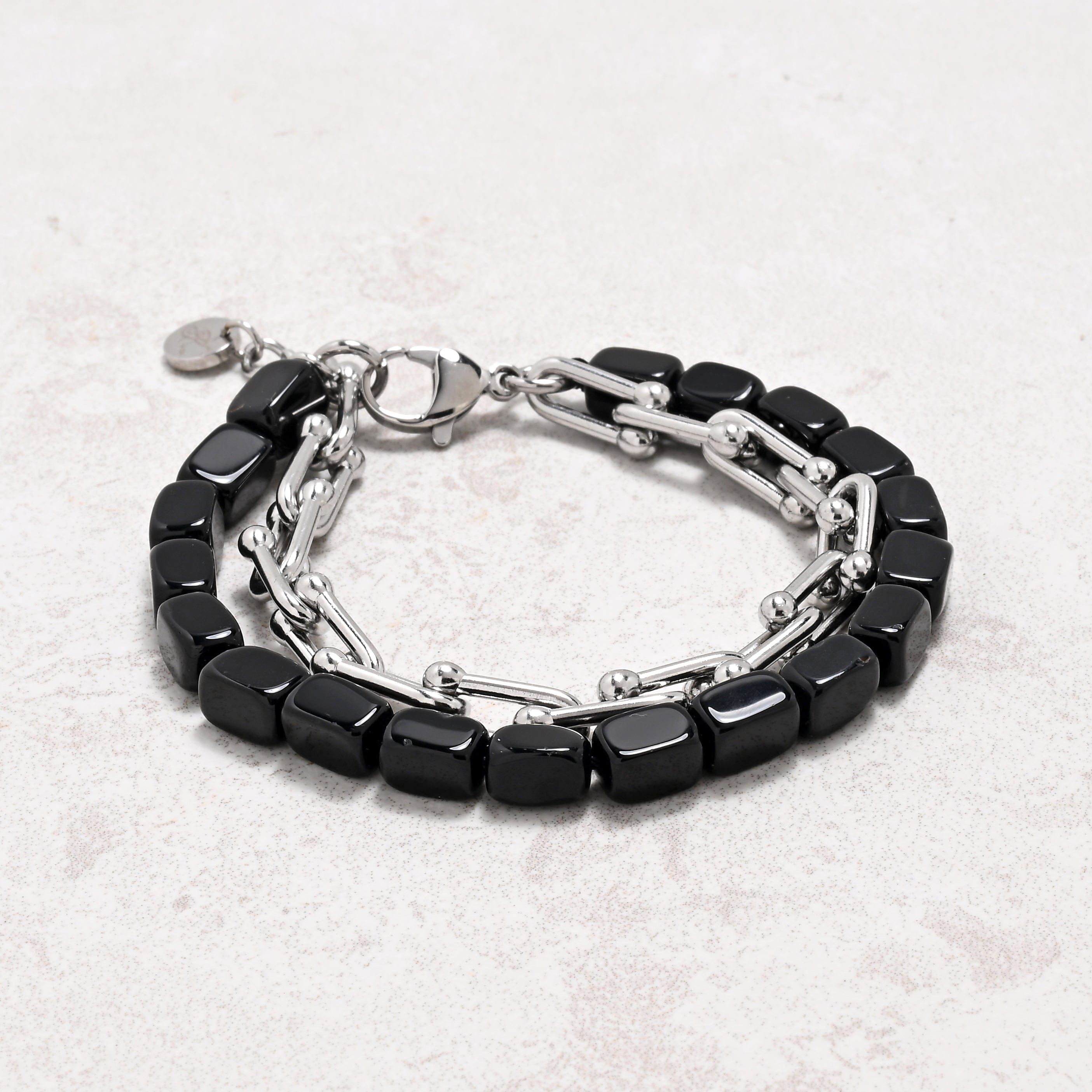 KALIFANO Gemstone Jewelry Black Agate & Hardware Style Stainless Steel Chain Bracelet 2SB-BAE