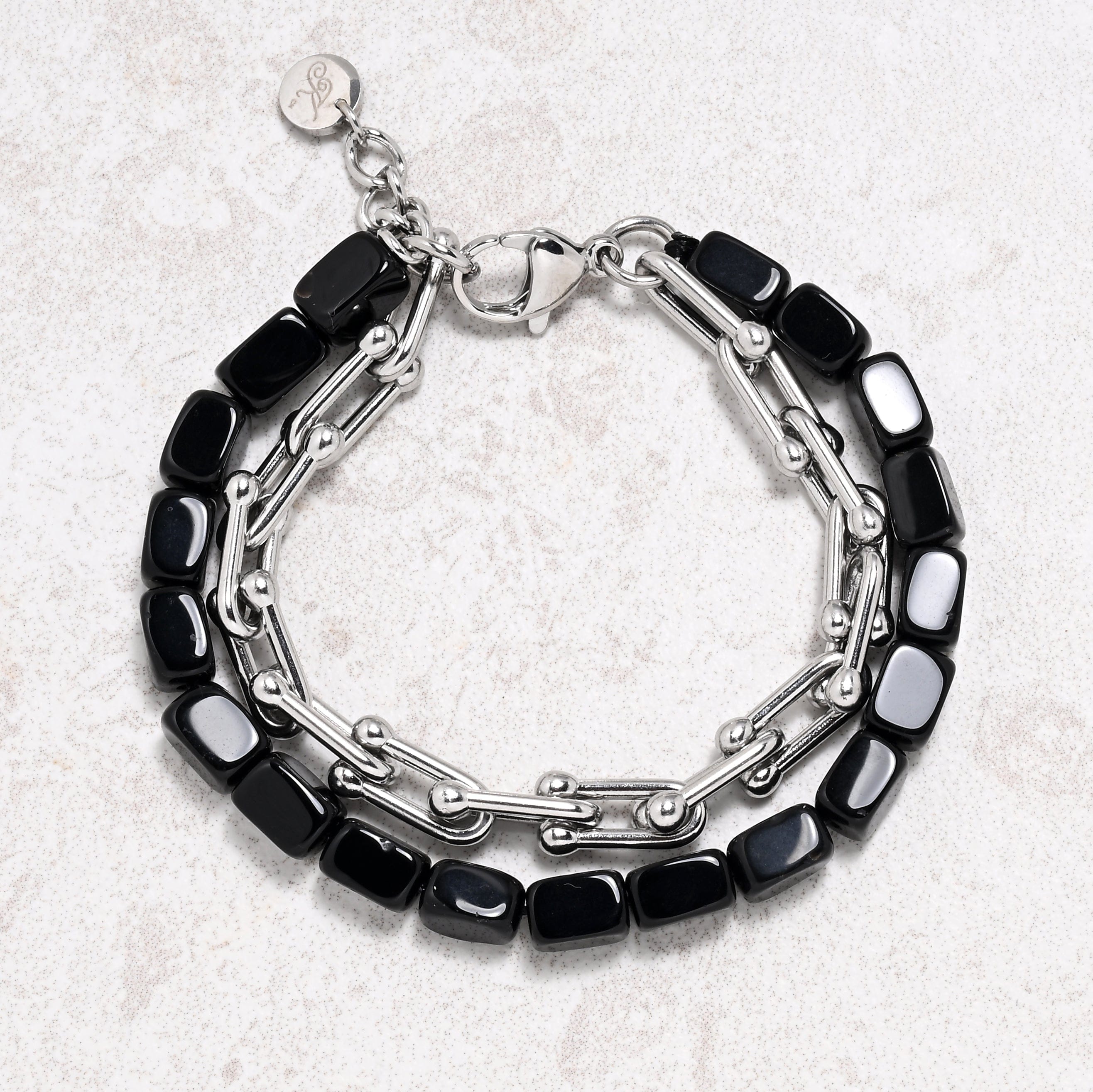KALIFANO Gemstone Jewelry Black Agate & Hardware Style Stainless Steel Chain Bracelet 2SB-BAE