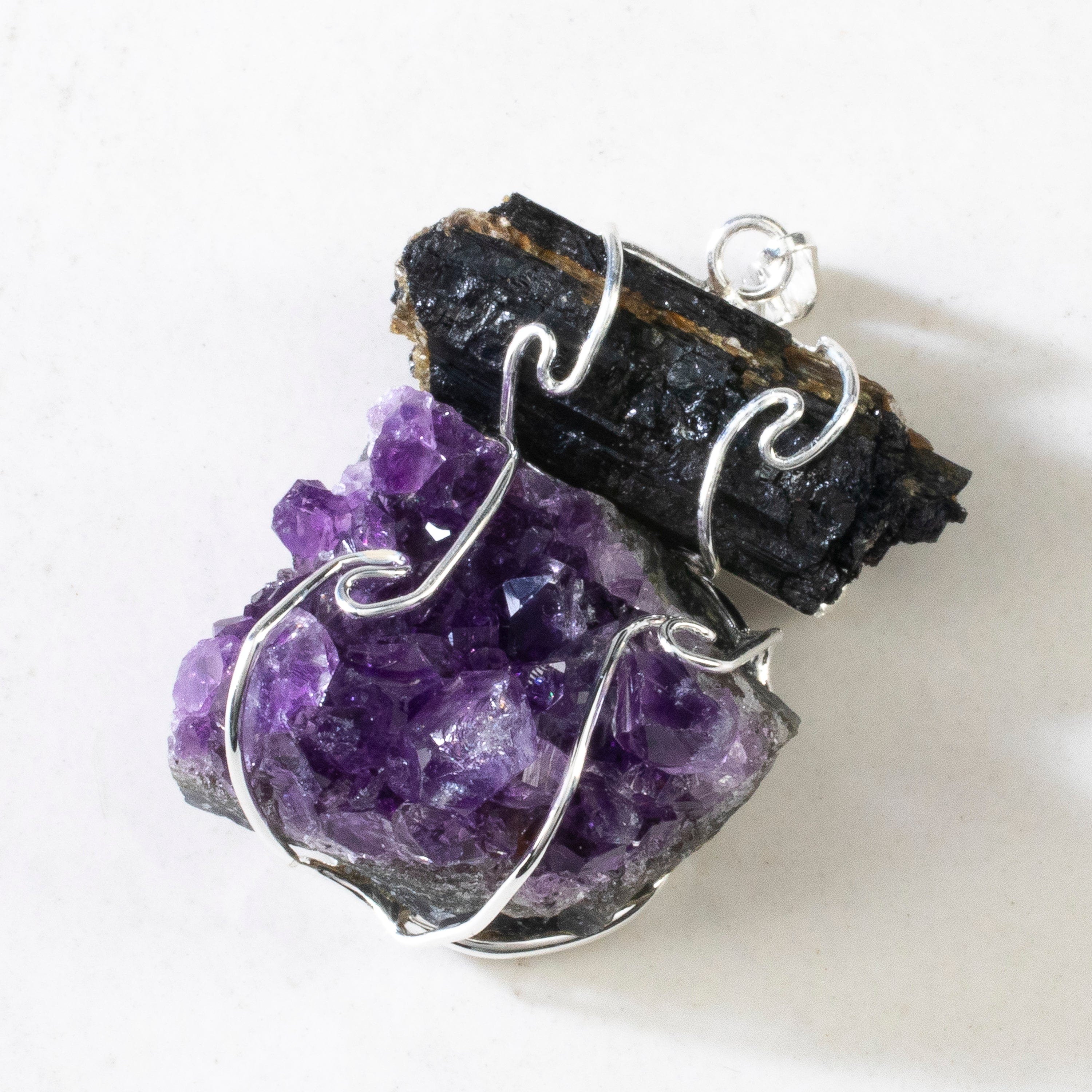 KALIFANO Gemstone Jewelry Black Tourmaline and Amethyst Pendant CJN-21-AM+BT