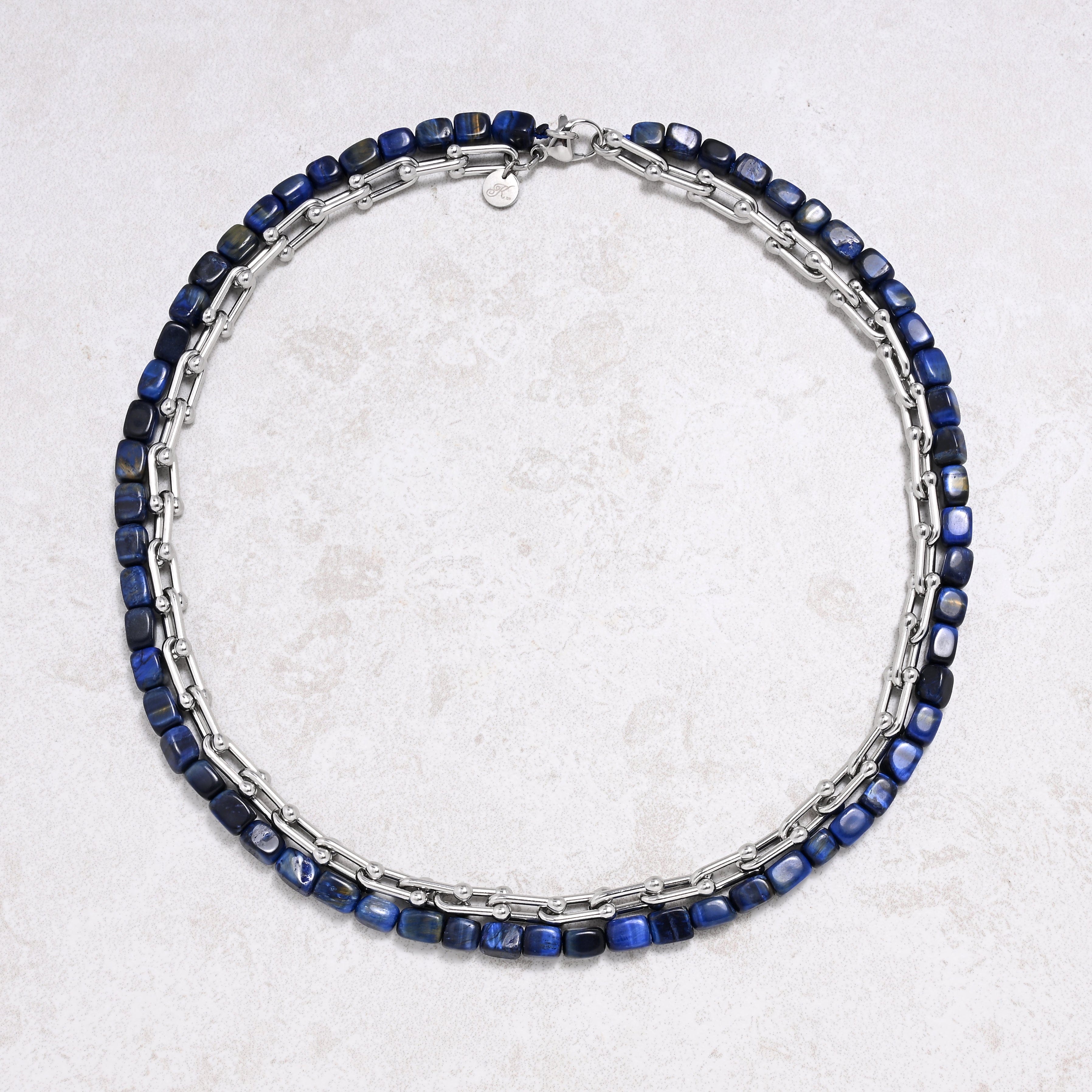 KALIFANO Gemstone Jewelry Blue Tiger Eye & Hardware Style Chain Adjustable Necklace 2SN-NVTE