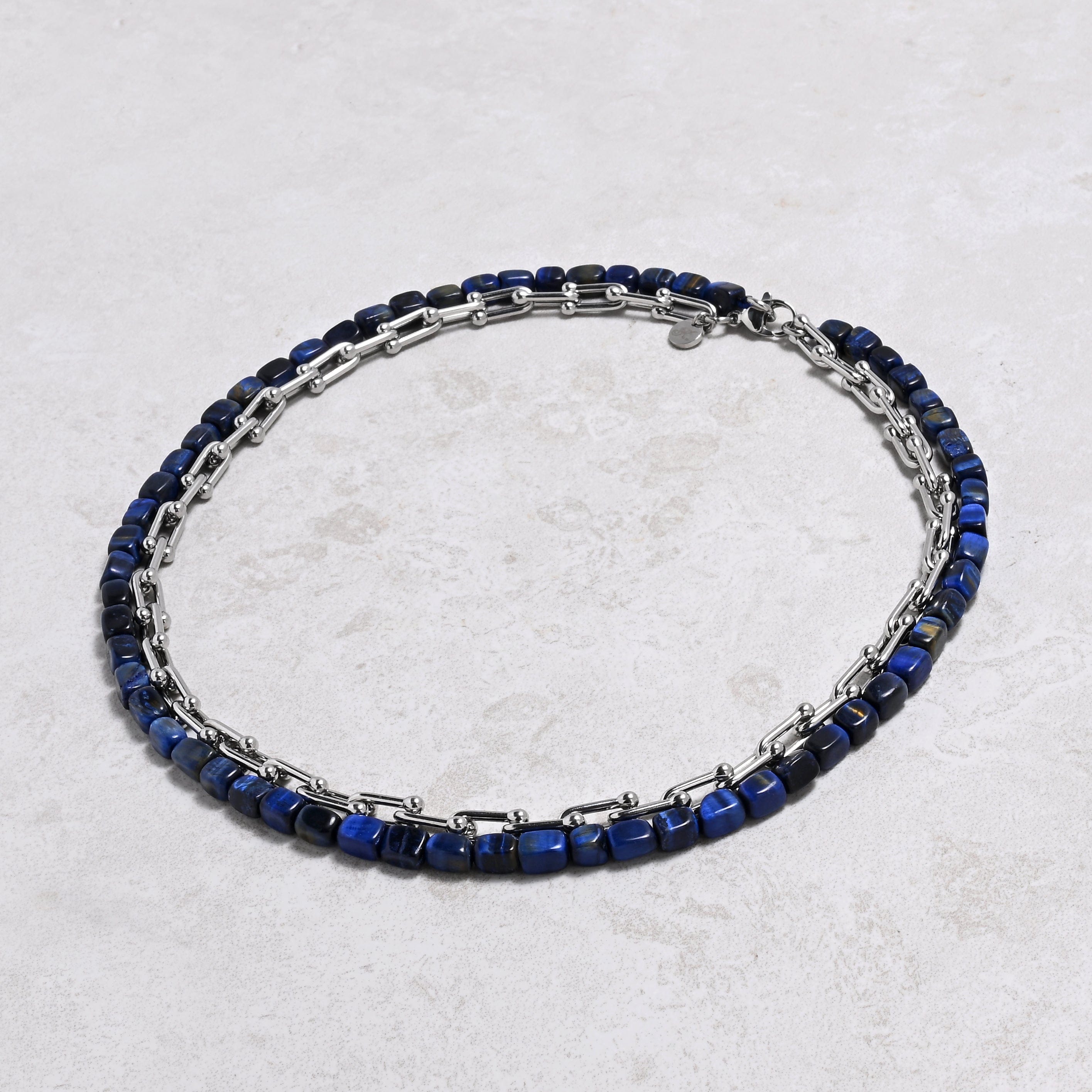 KALIFANO Gemstone Jewelry Blue Tiger Eye & Hardware Style Chain Adjustable Necklace 2SN-NVTE
