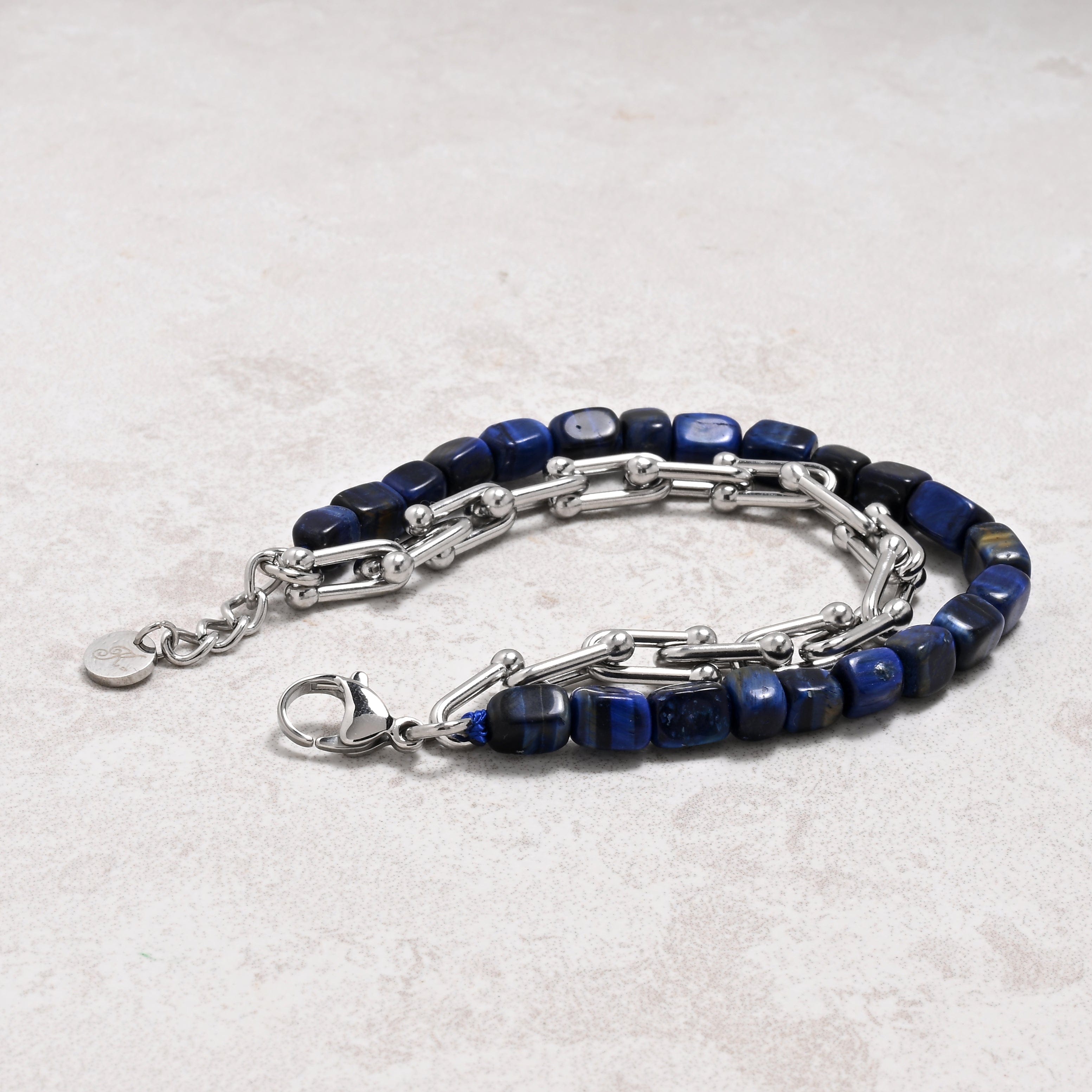 KALIFANO Gemstone Jewelry Blue Tiger Eye & Hardware Style Stainless Steel Chain Bracelet 2SB-NVTE
