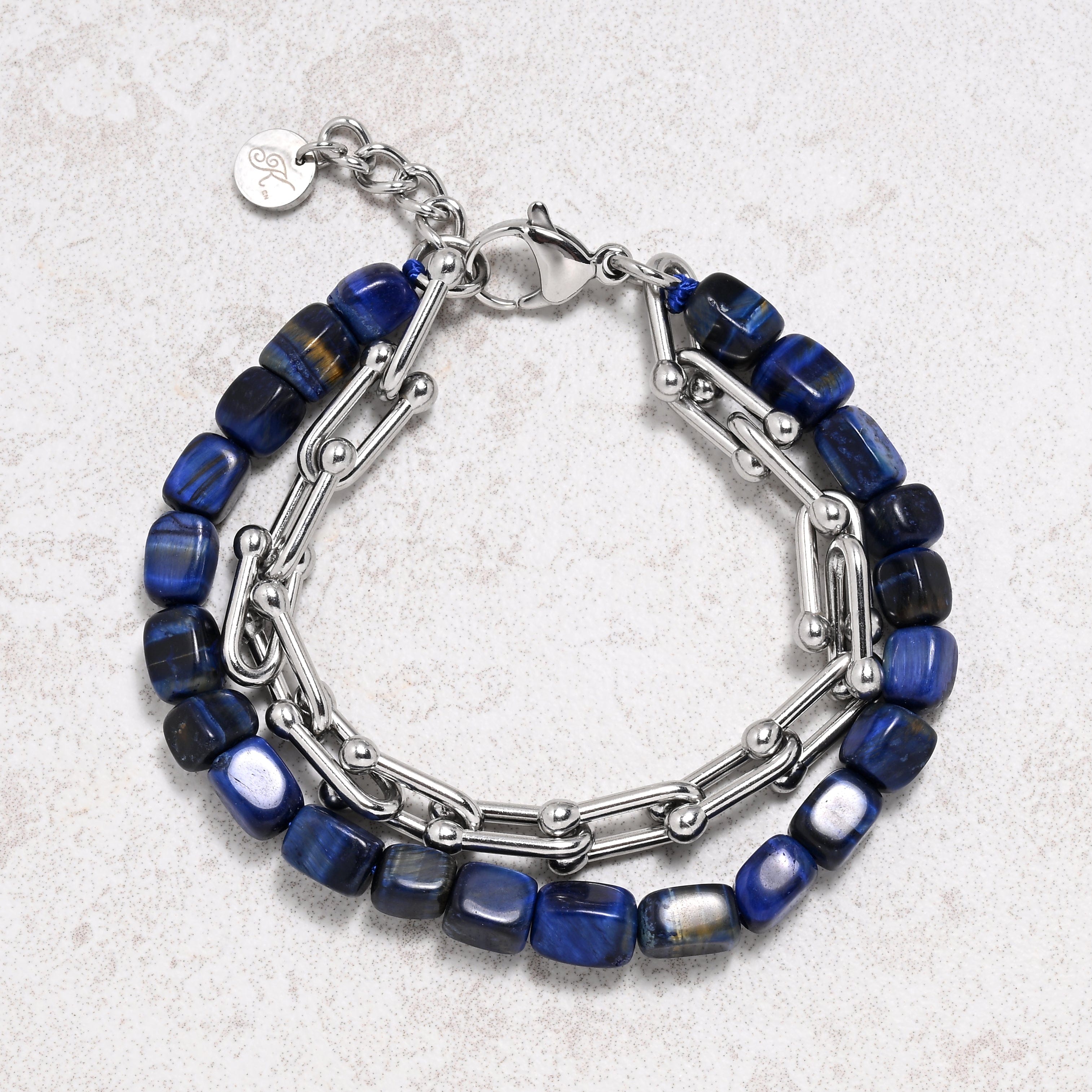 KALIFANO Gemstone Jewelry Blue Tiger Eye & Hardware Style Stainless Steel Chain Bracelet 2SB-NVTE