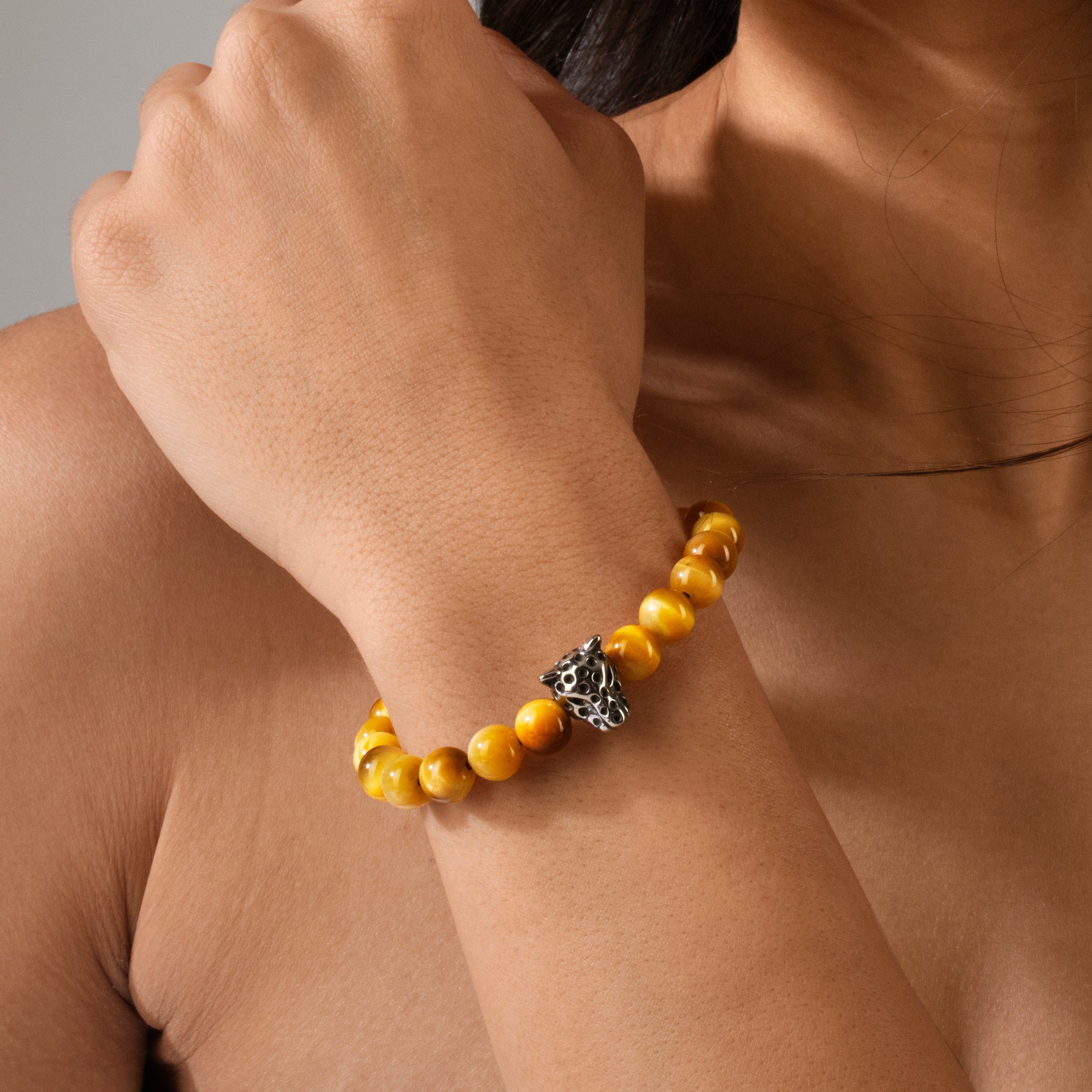 KALIFANO Gemstone Jewelry Golden Tiger Eye 10mm Natural Gemstone Stretch Bracelet