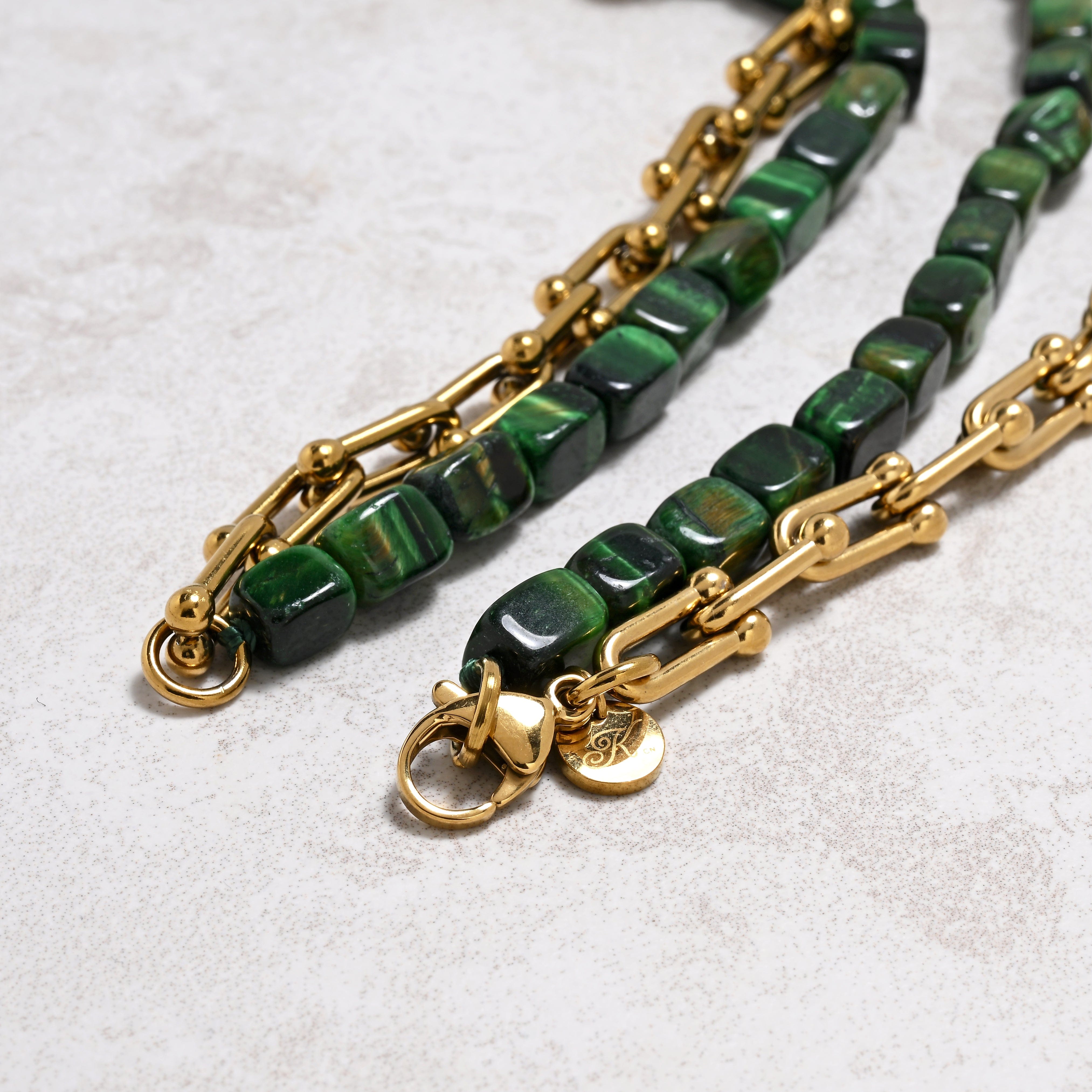 KALIFANO Gemstone Jewelry Green Tiger Eye & Hardware Style Chain Adjustable Necklace 2SN-GRTE