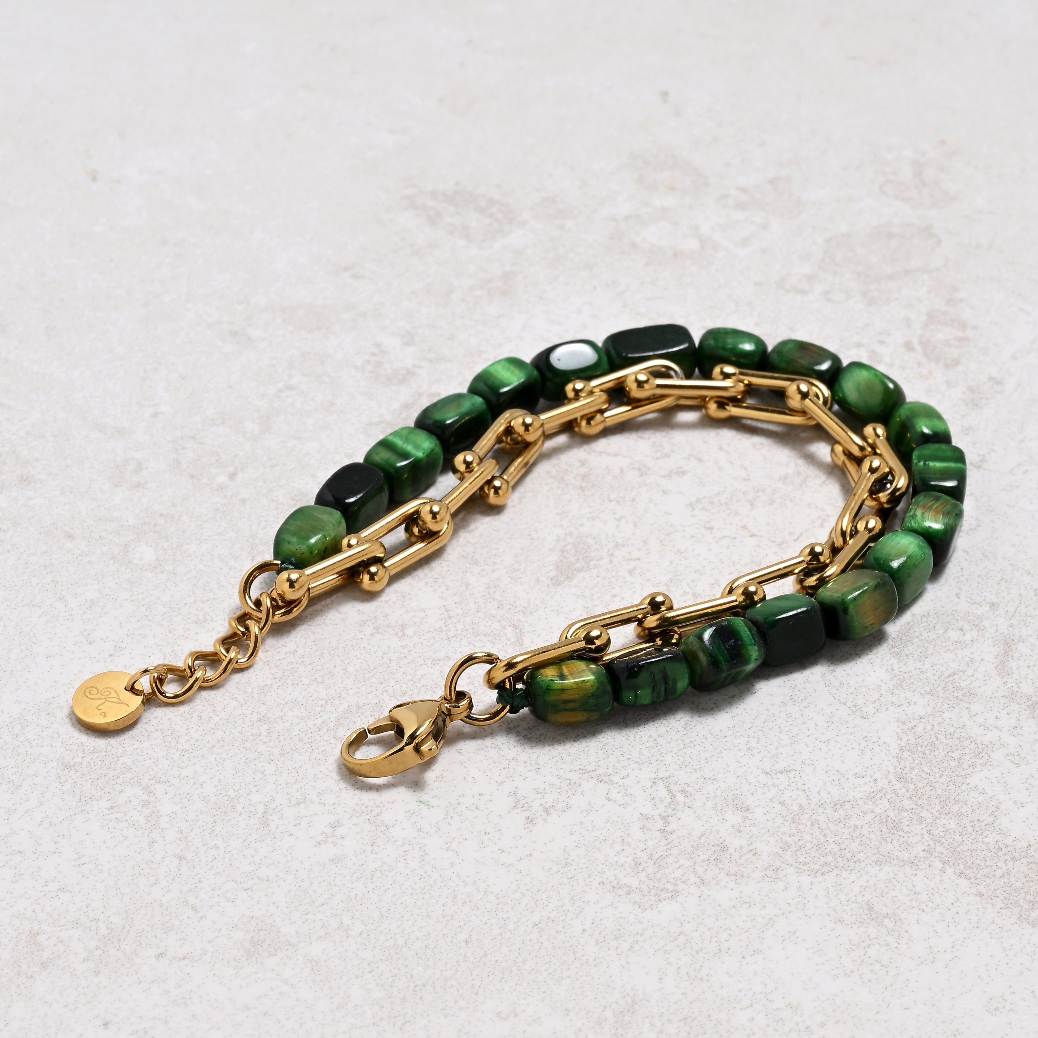 KALIFANO Gemstone Jewelry Green Tiger Eye & Hardware Style Stainless Steel Chain Bracelet 2SB-GRTE