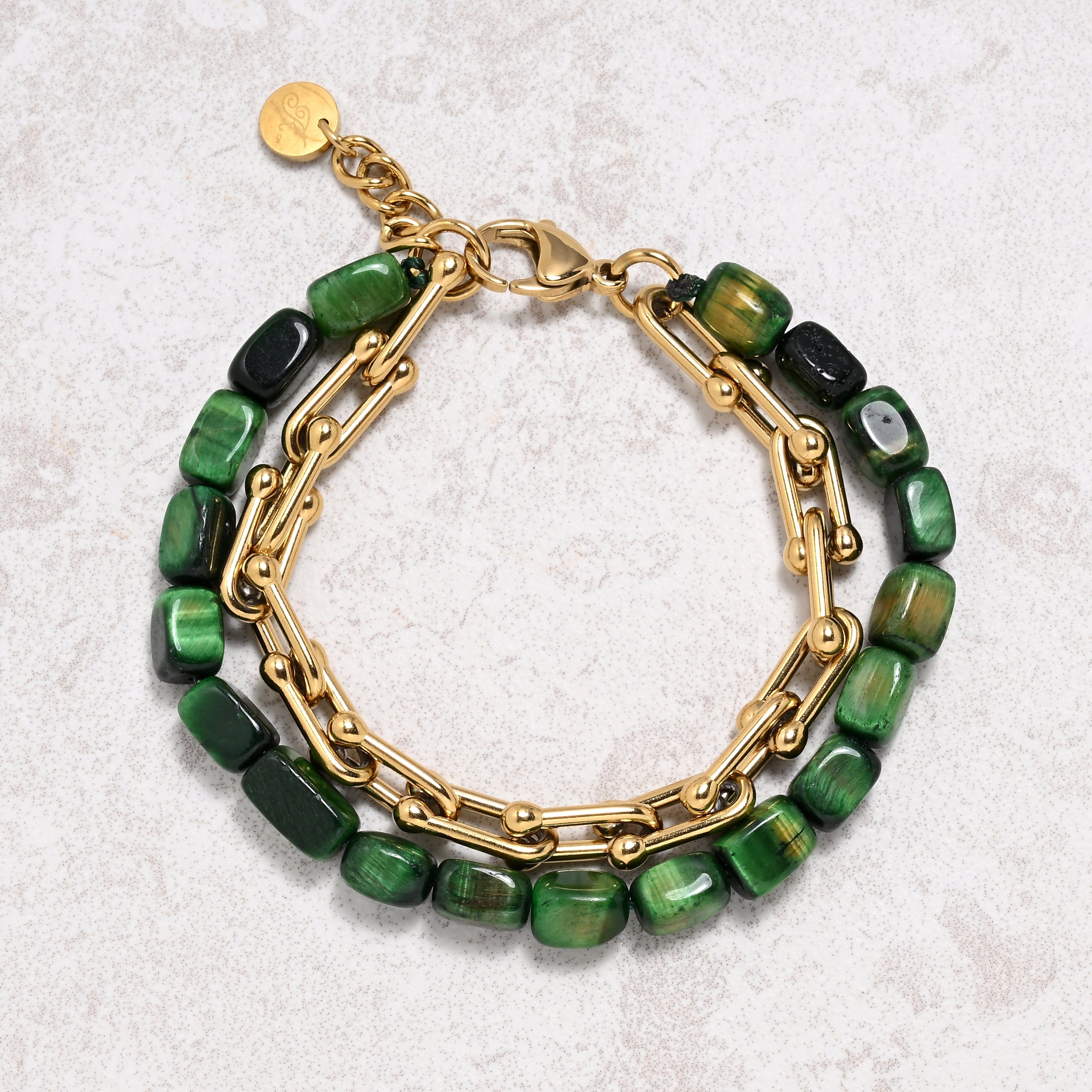 KALIFANO Gemstone Jewelry Green Tiger Eye & Hardware Style Stainless Steel Chain Bracelet 2SB-GRTE