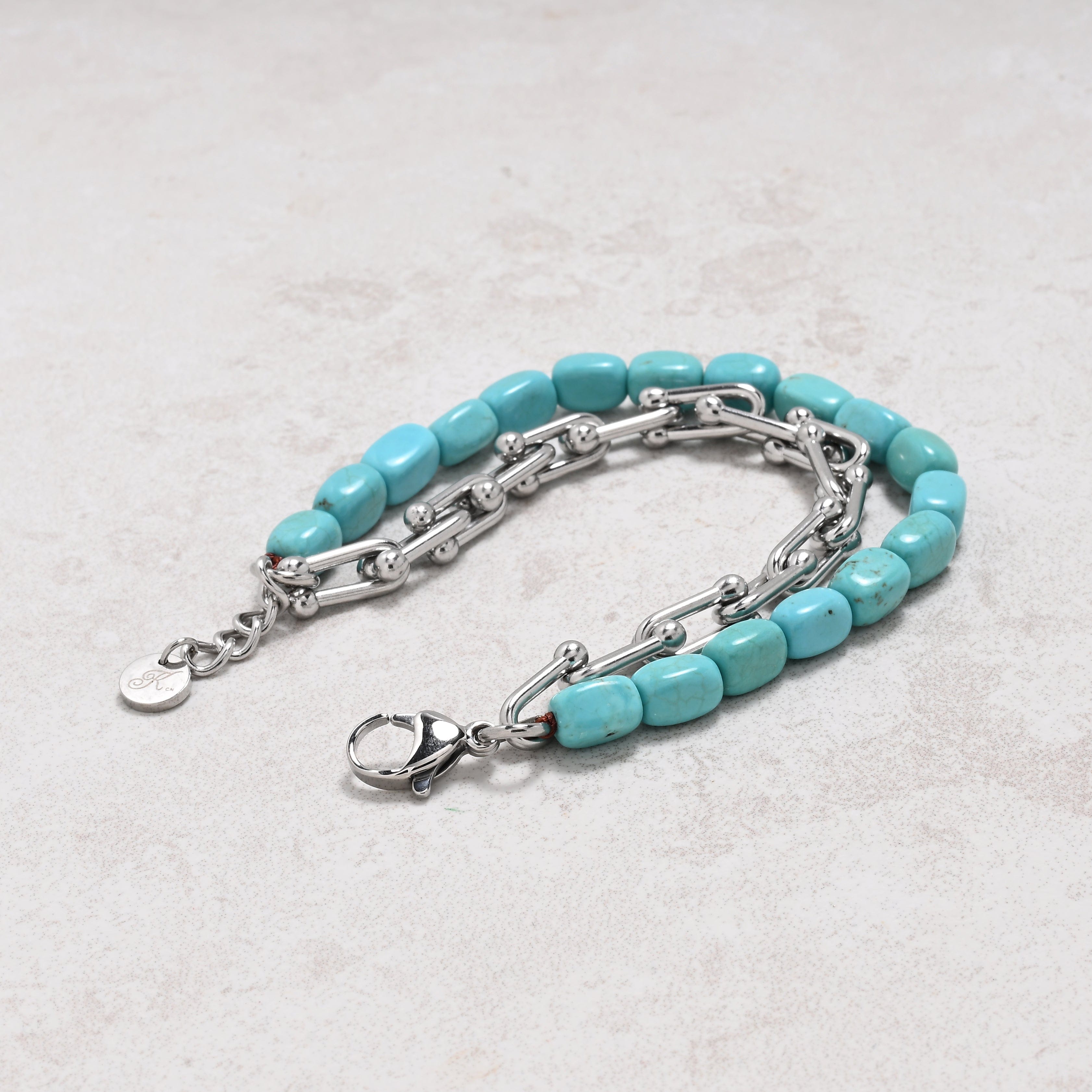 KALIFANO Gemstone Jewelry Howlite Turquoise & Hardware Style Stainless Steel Chain Bracelet 2SB-HTQ