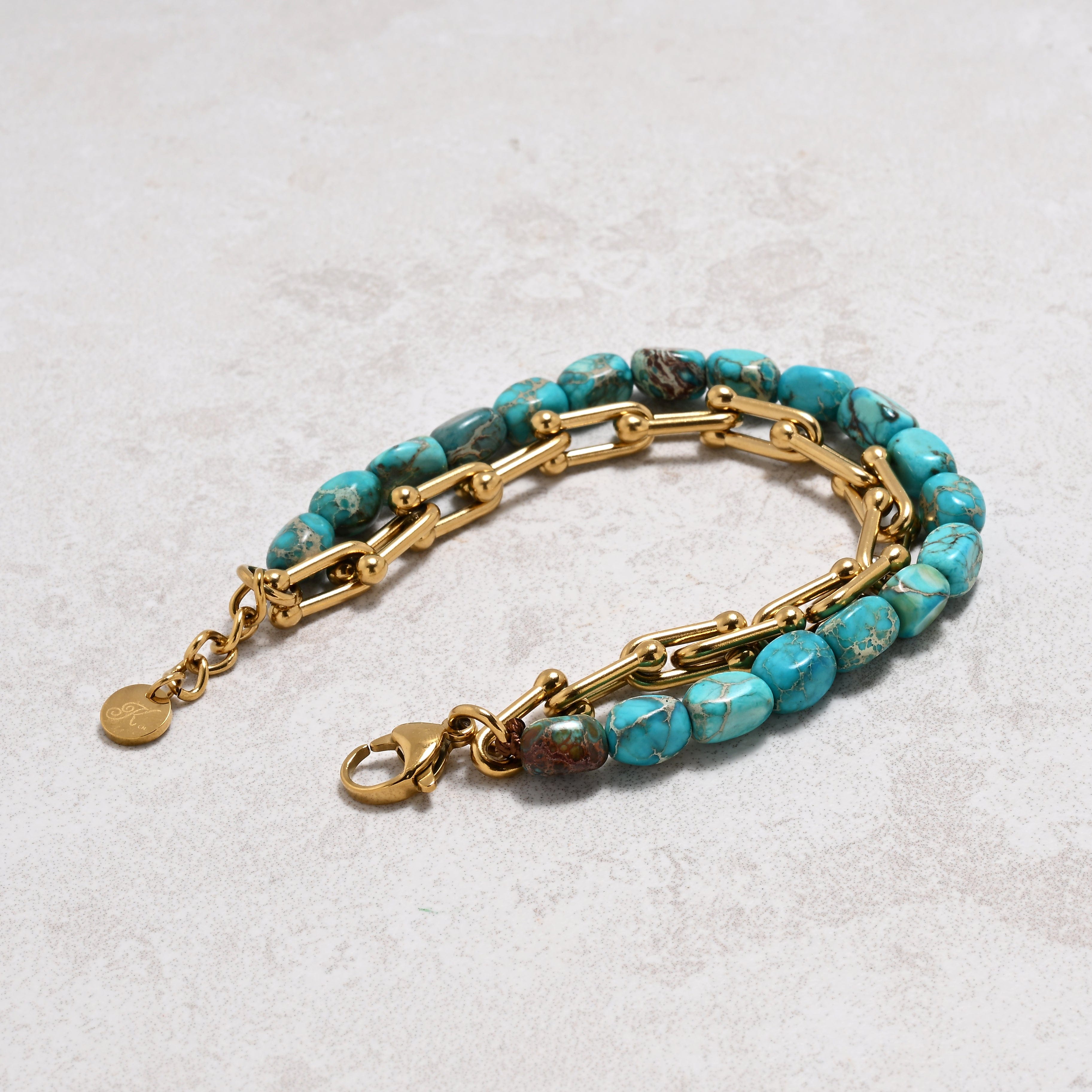 KALIFANO Gemstone Jewelry King Howlite Turquoise & Hardware Style Stainless Steel Chain Bracelet 2SB-KTQ