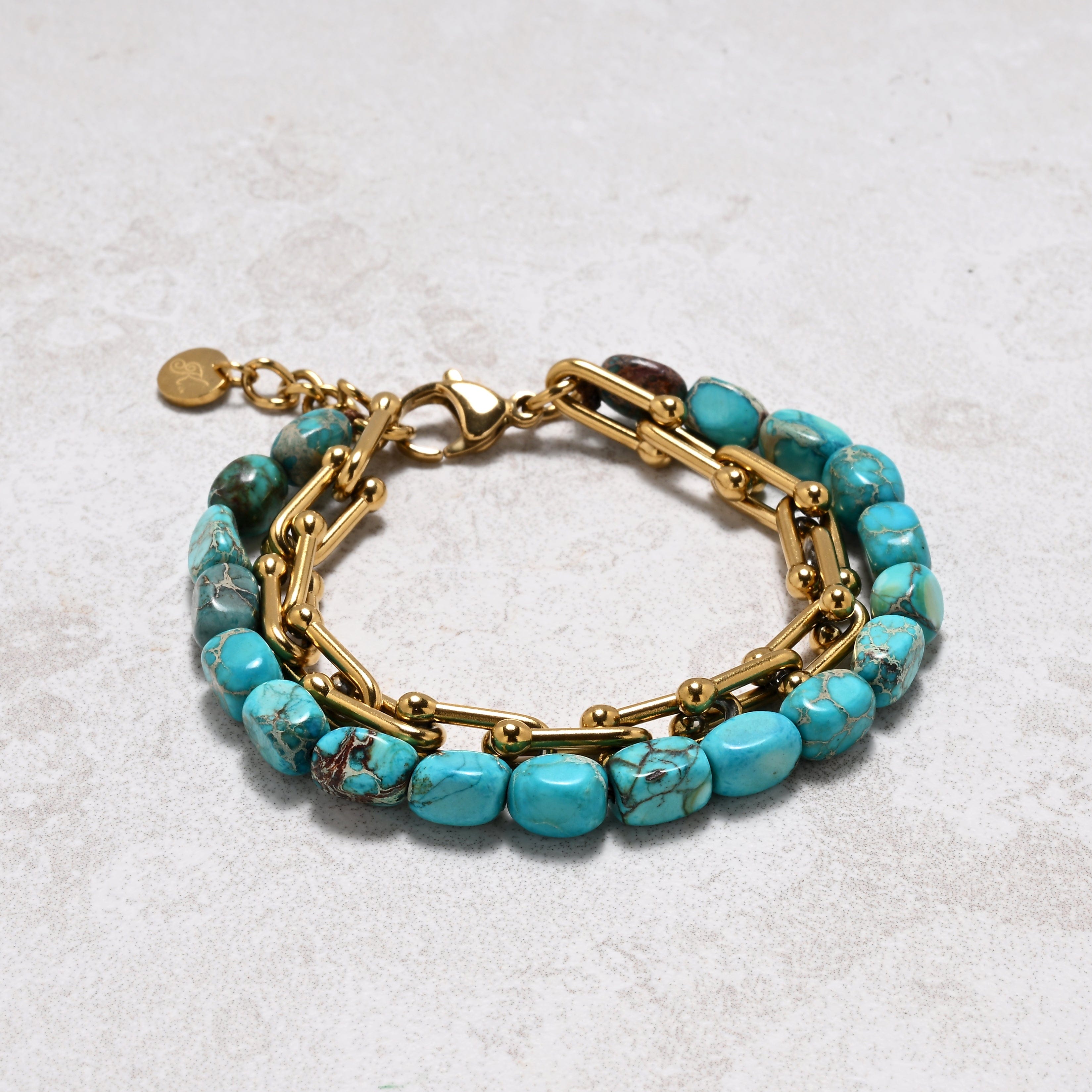 KALIFANO Gemstone Jewelry King Howlite Turquoise & Hardware Style Stainless Steel Chain Bracelet 2SB-KTQ