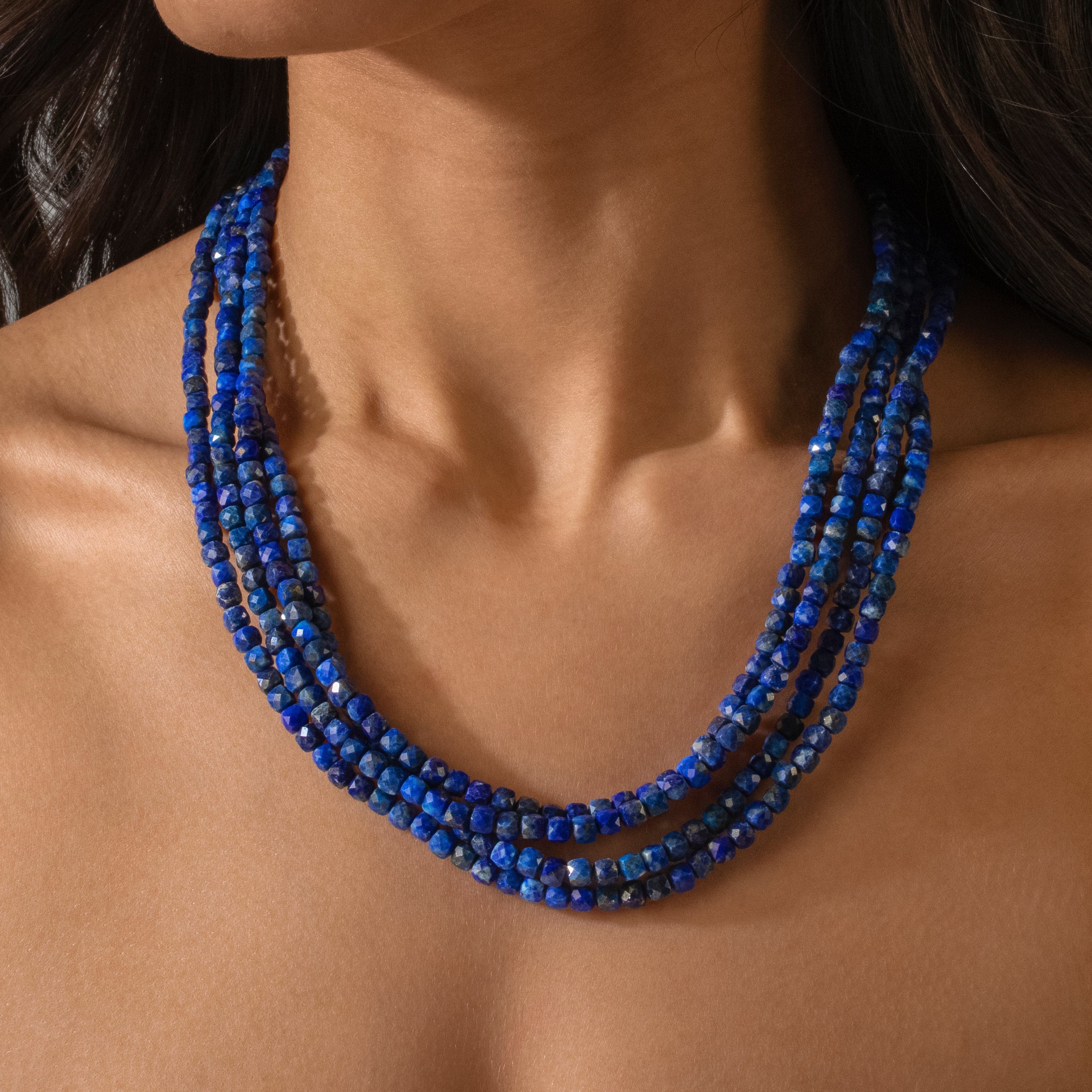 Kalifano Gemstone Jewelry Lapis 4mm Cube Gemstone Necklace with Sterling Silver Clasp - 18" 8GN-LP