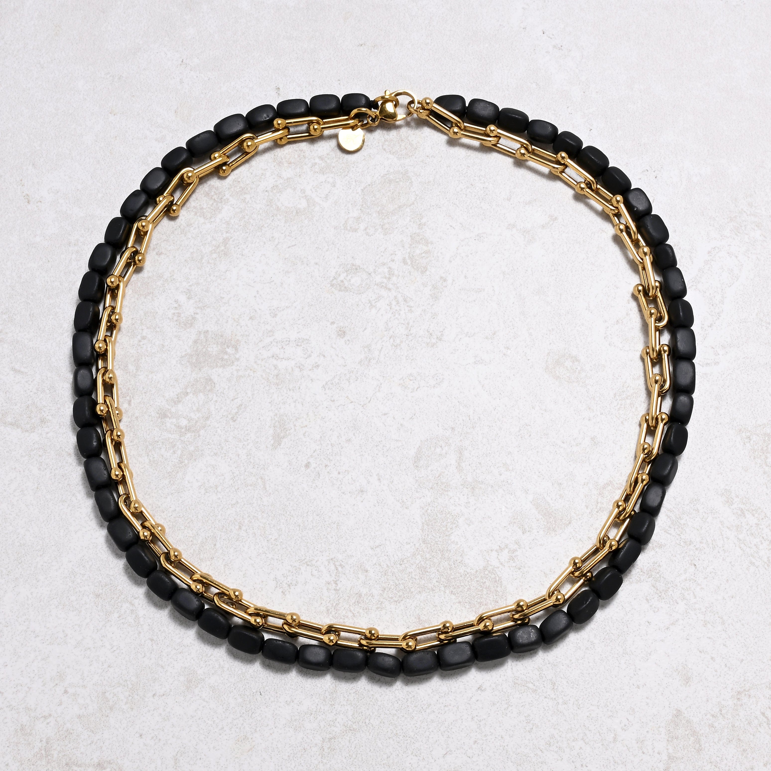 KALIFANO Gemstone Jewelry Matte Black Agate & Gold Hardware Style Chain Adjustable Necklace 2SNG-MBAE