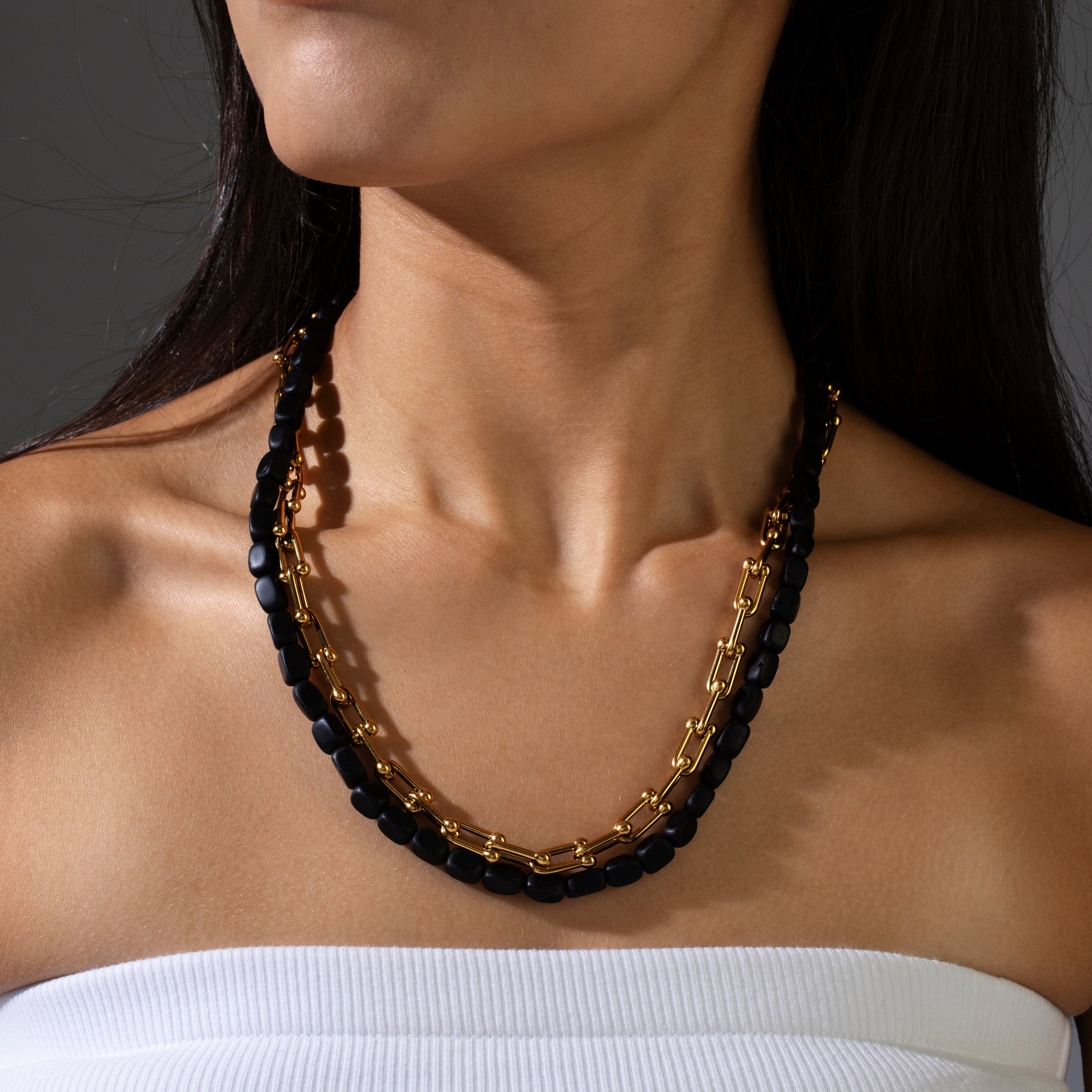 KALIFANO Gemstone Jewelry Matte Black Agate & Gold Hardware Style Chain Adjustable Necklace 2SNG-MBAE