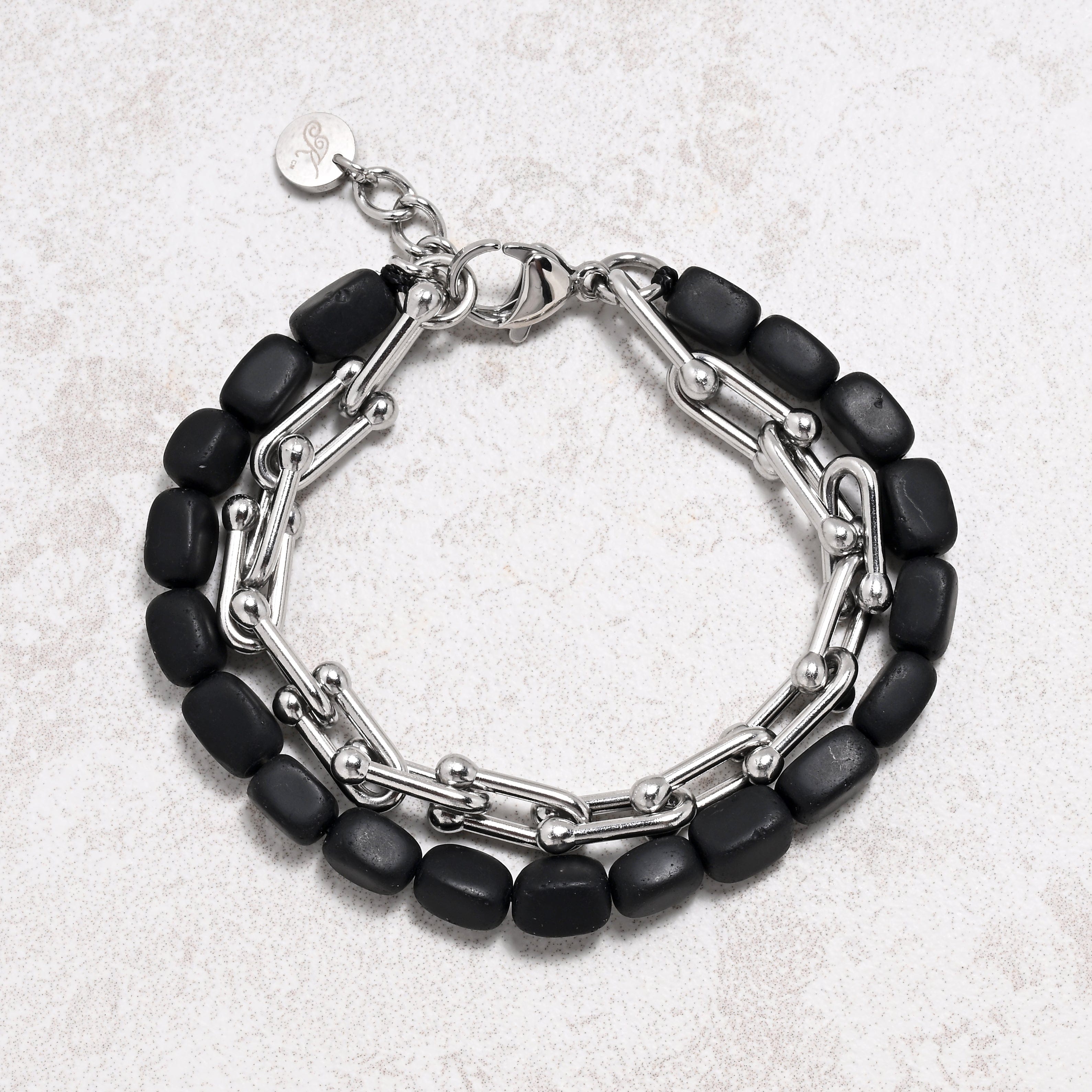 KALIFANO Gemstone Jewelry Matte Black Agate & Hardware Style Stainless Steel Chain Bracelet 2SB-MBAE