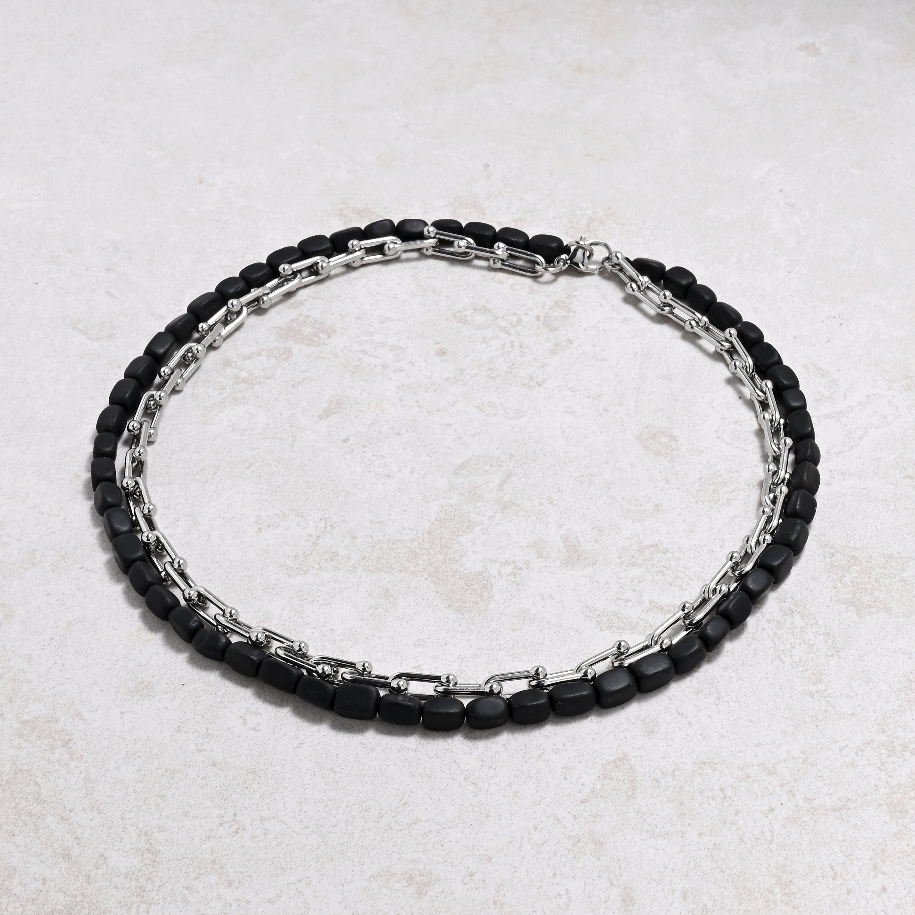 KALIFANO Gemstone Jewelry Matte Black Agate & Silver Hardware Style Chain Adjustable Necklace 2SN-MBAE