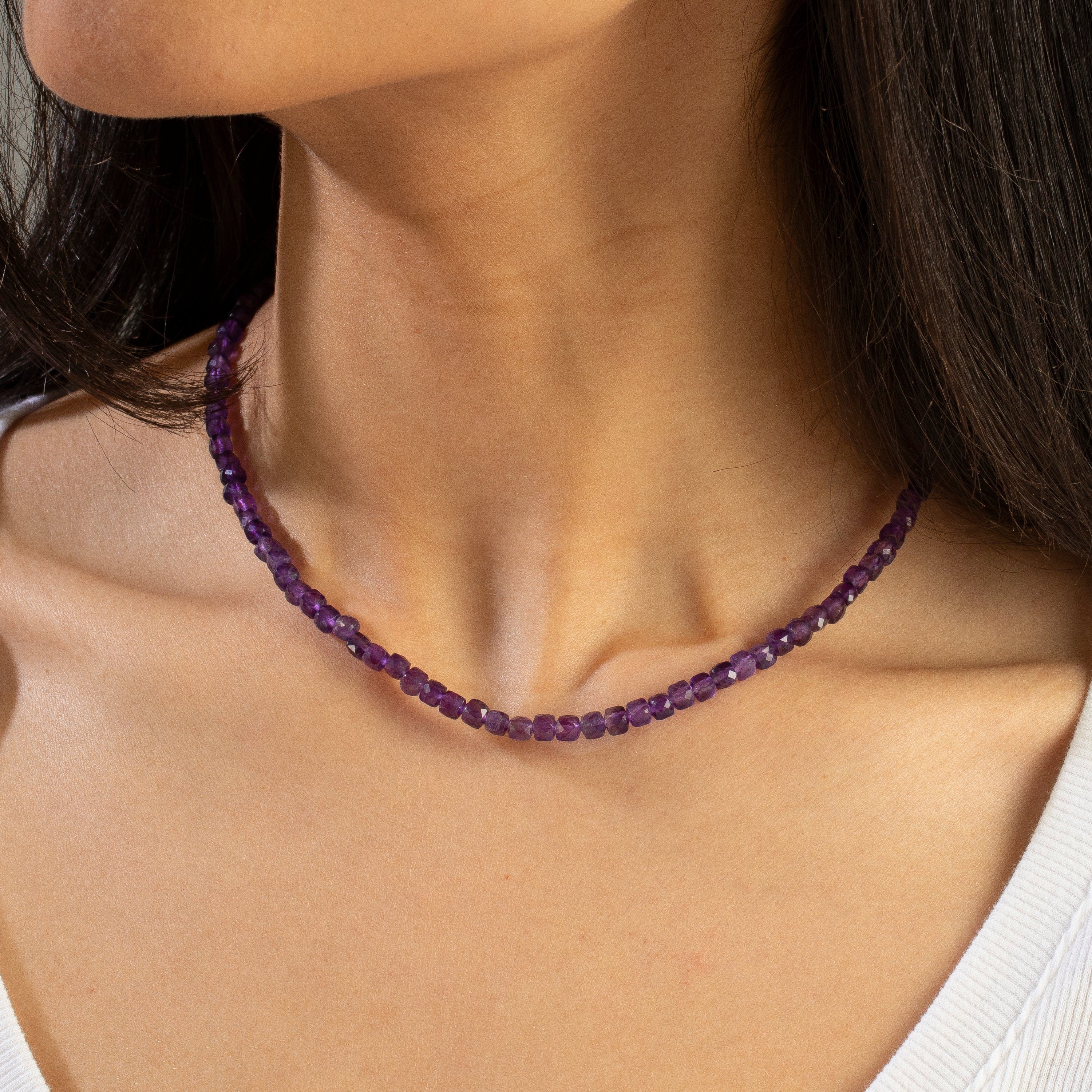 KALIFANO Gemstone Jewelry Natural Amethyst Faceted 4mm Barrel 16" Necklace with Sterling Silver Extender N4-41S-AM