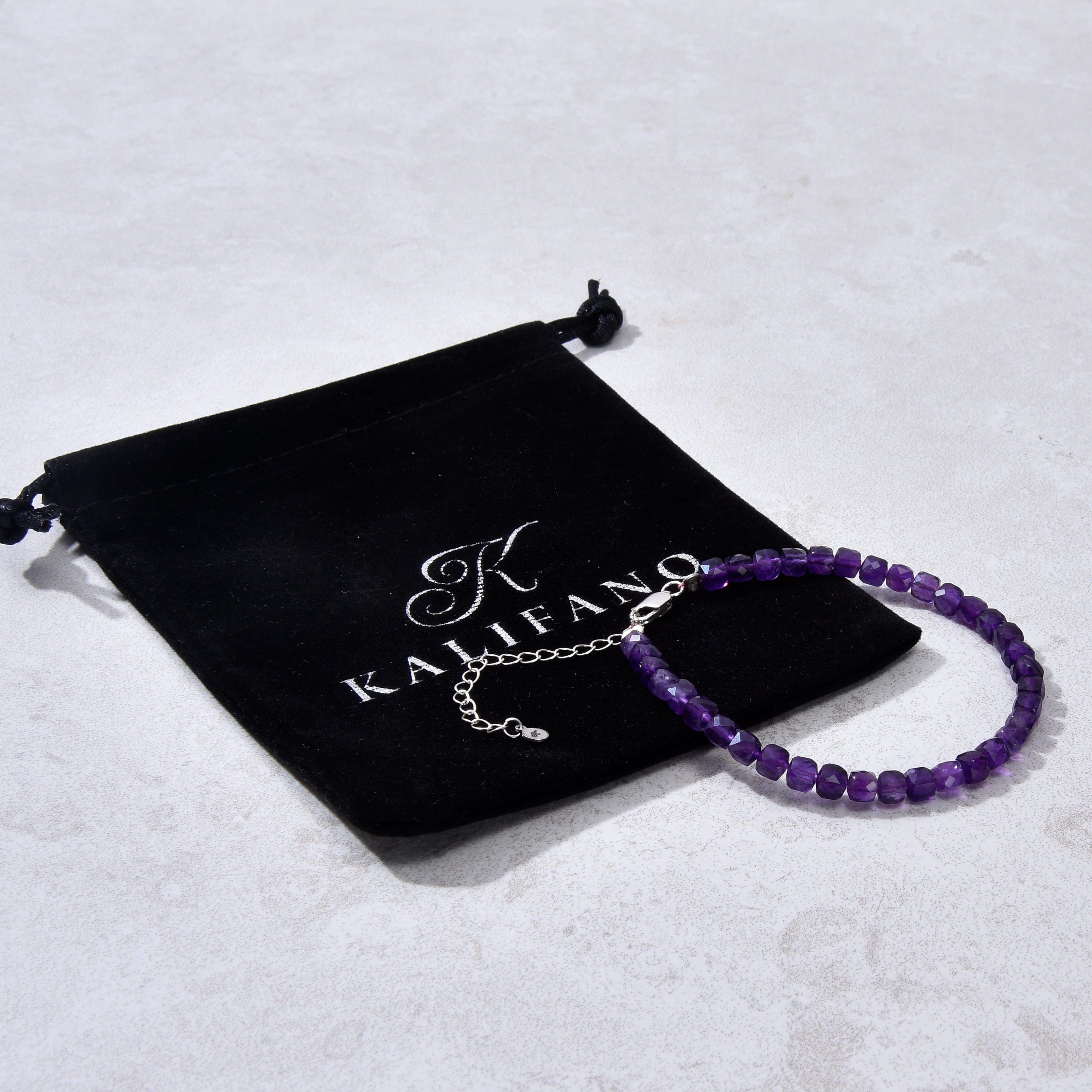 KALIFANO Gemstone Jewelry Natural Amethyst Faceted 4mm Barrel Bracelet with Sterling Silver Extender B4-16S-AM