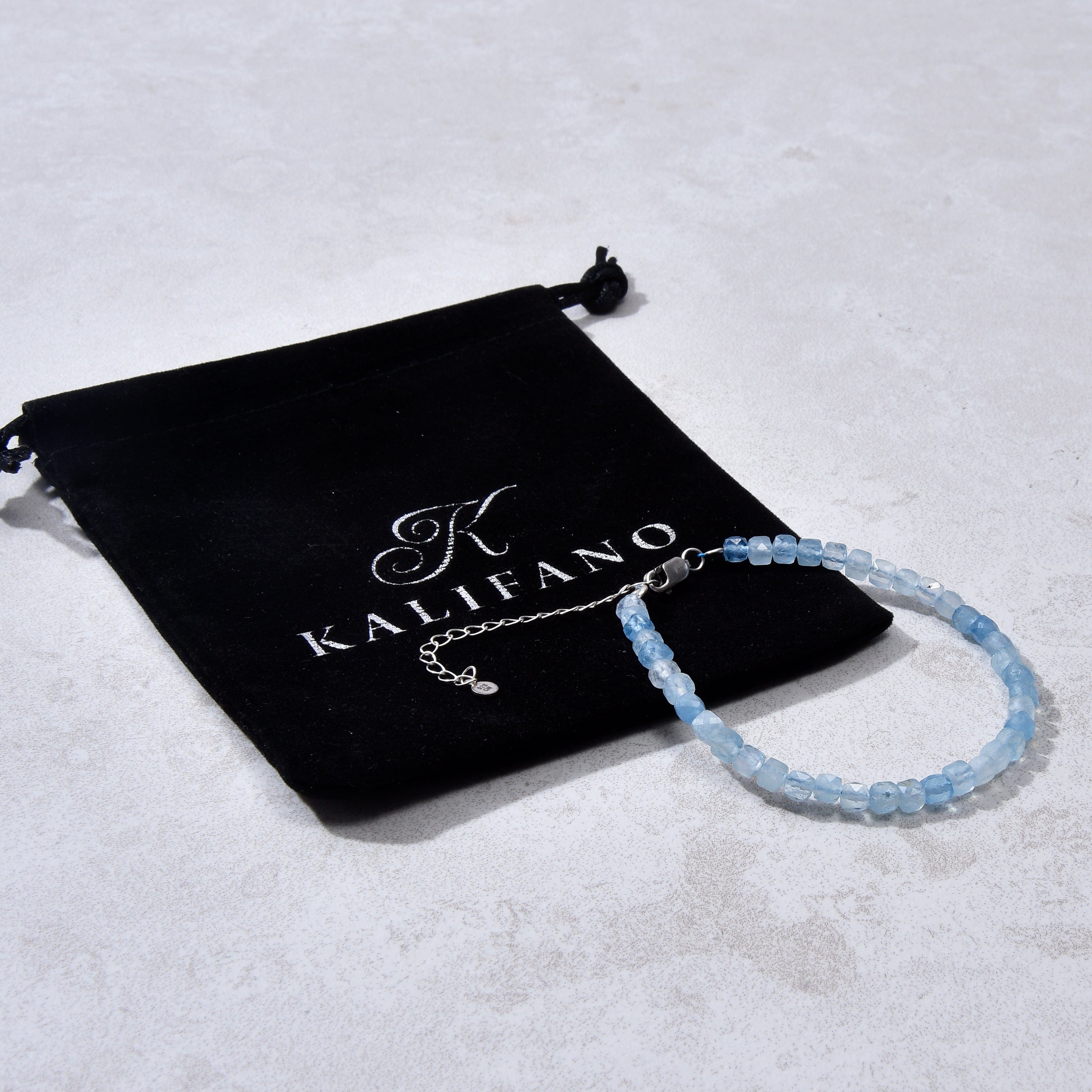 KALIFANO Gemstone Jewelry Natural Aquamarine Faceted 4mm Barrel Bracelet with Sterling Silver Extender B4-16S-AQ