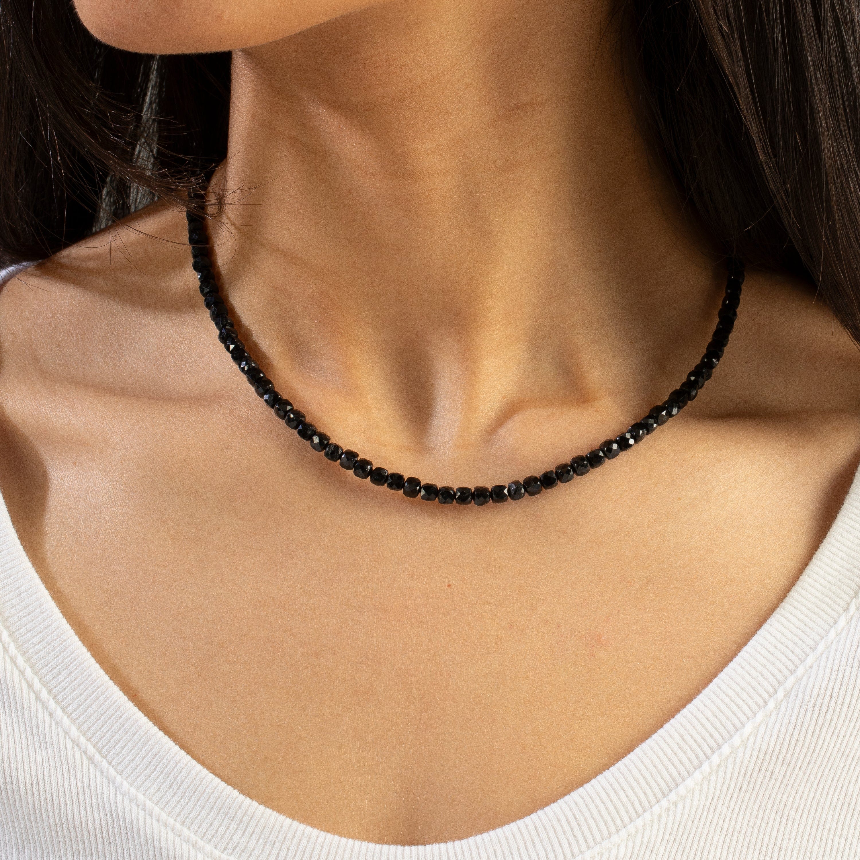 KALIFANO Gemstone Jewelry Natural Black Tourmaline Faceted 4mm Barrel 16" Necklace with Sterling Silver Extender N4-41S-BT