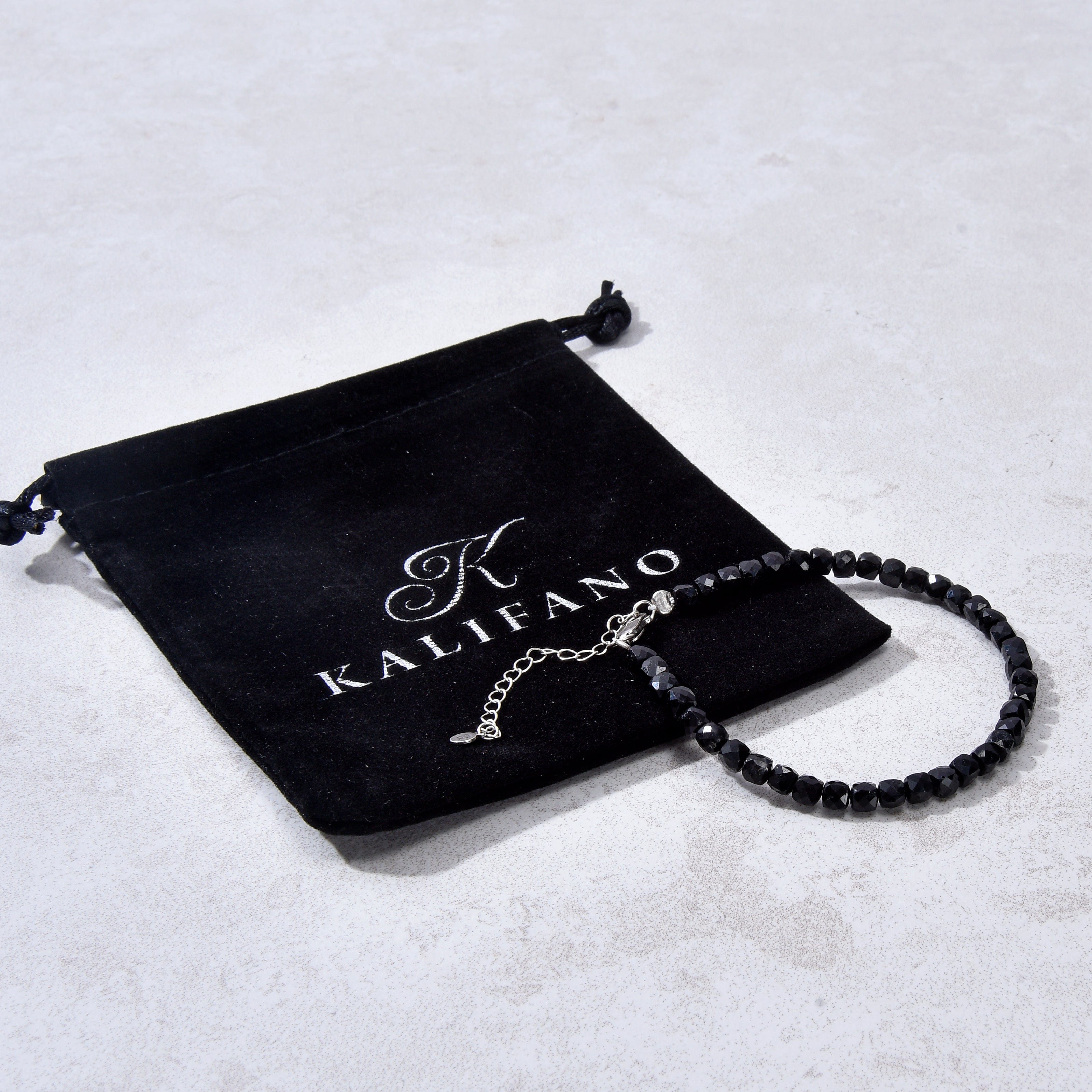 KALIFANO Gemstone Jewelry Natural Black Tourmaline Faceted 4mm Barrel Bracelet with Sterling Silver Extender B4-16S-BT