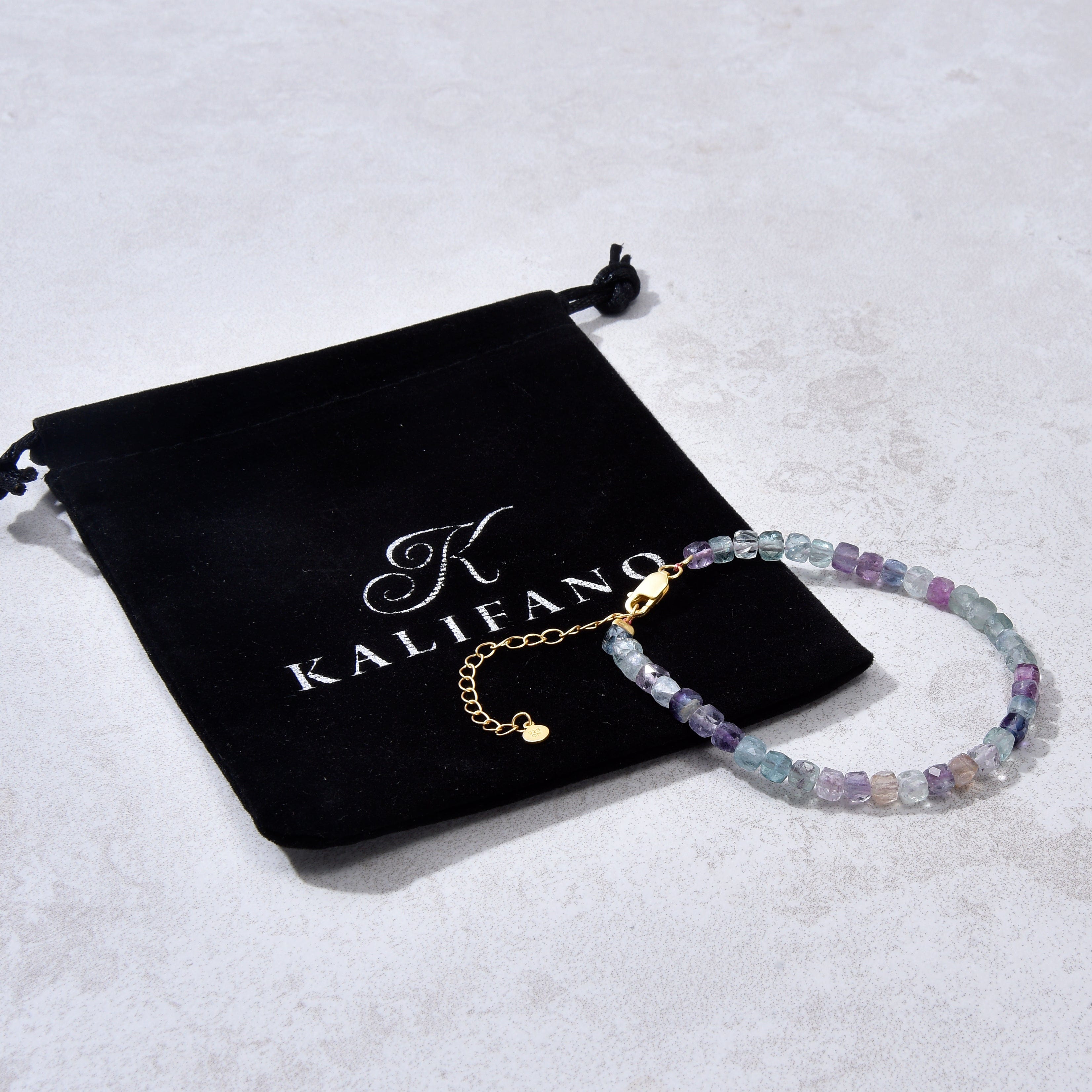 KALIFANO Gemstone Jewelry Natural Fluorite Faceted 4mm Barrel Bracelet with Sterling Silver Extender B4-16G-FL