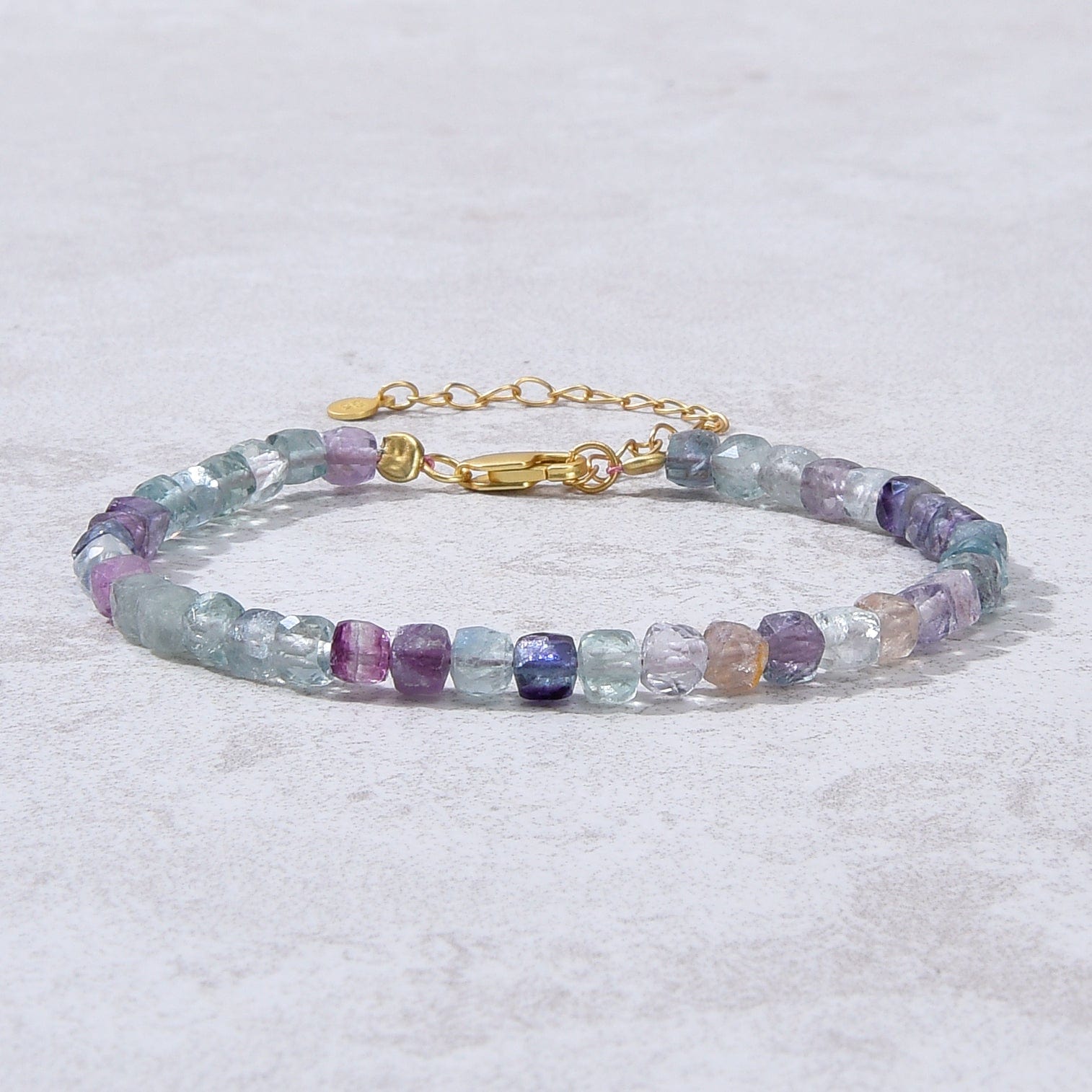 KALIFANO Gemstone Jewelry Natural Fluorite Faceted 4mm Barrel Bracelet with Sterling Silver Extender B4-16G-FL