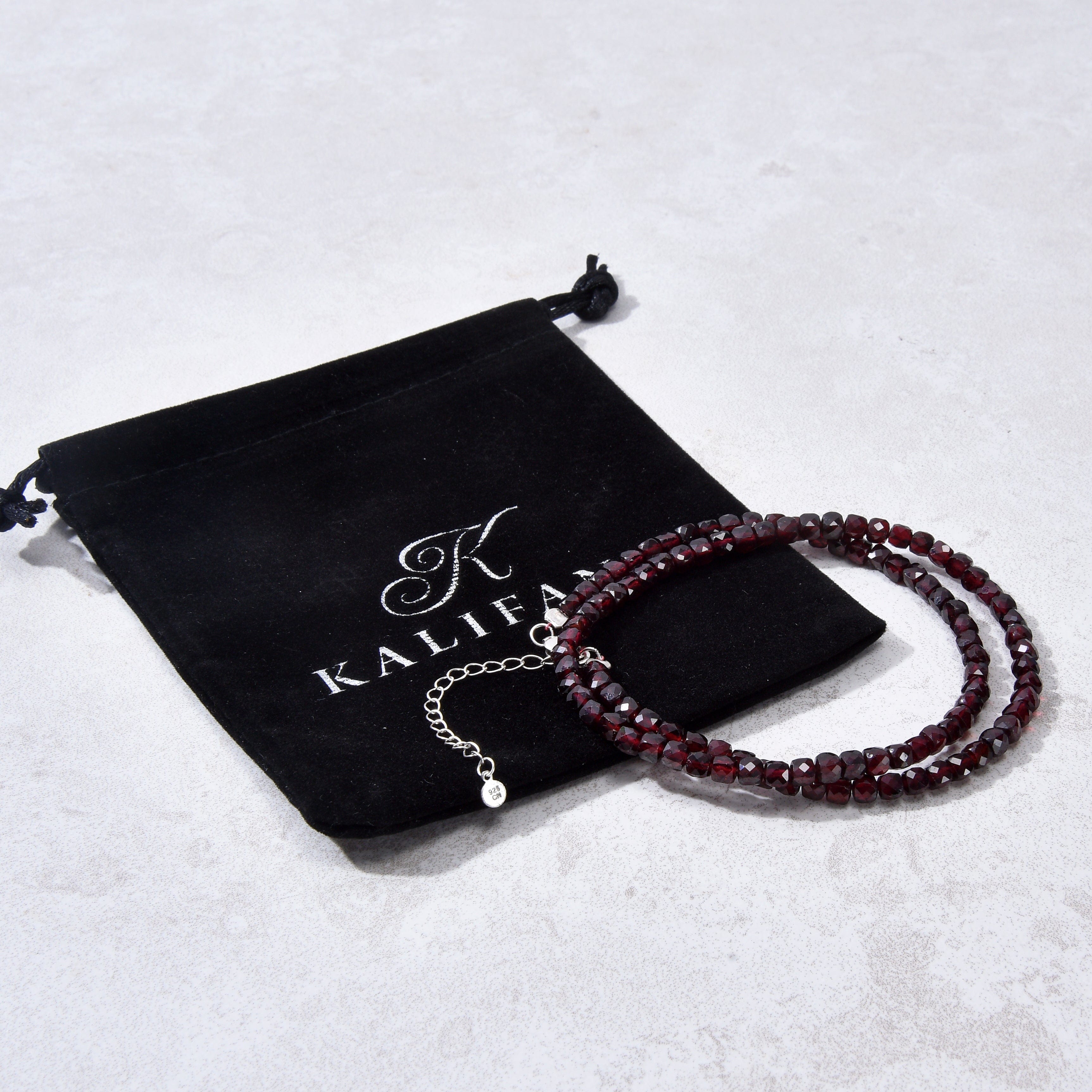 KALIFANO Gemstone Jewelry Natural Garnet Faceted 4mm Barrel 16" Necklace with Sterling Silver Extender N4-41S-GA
