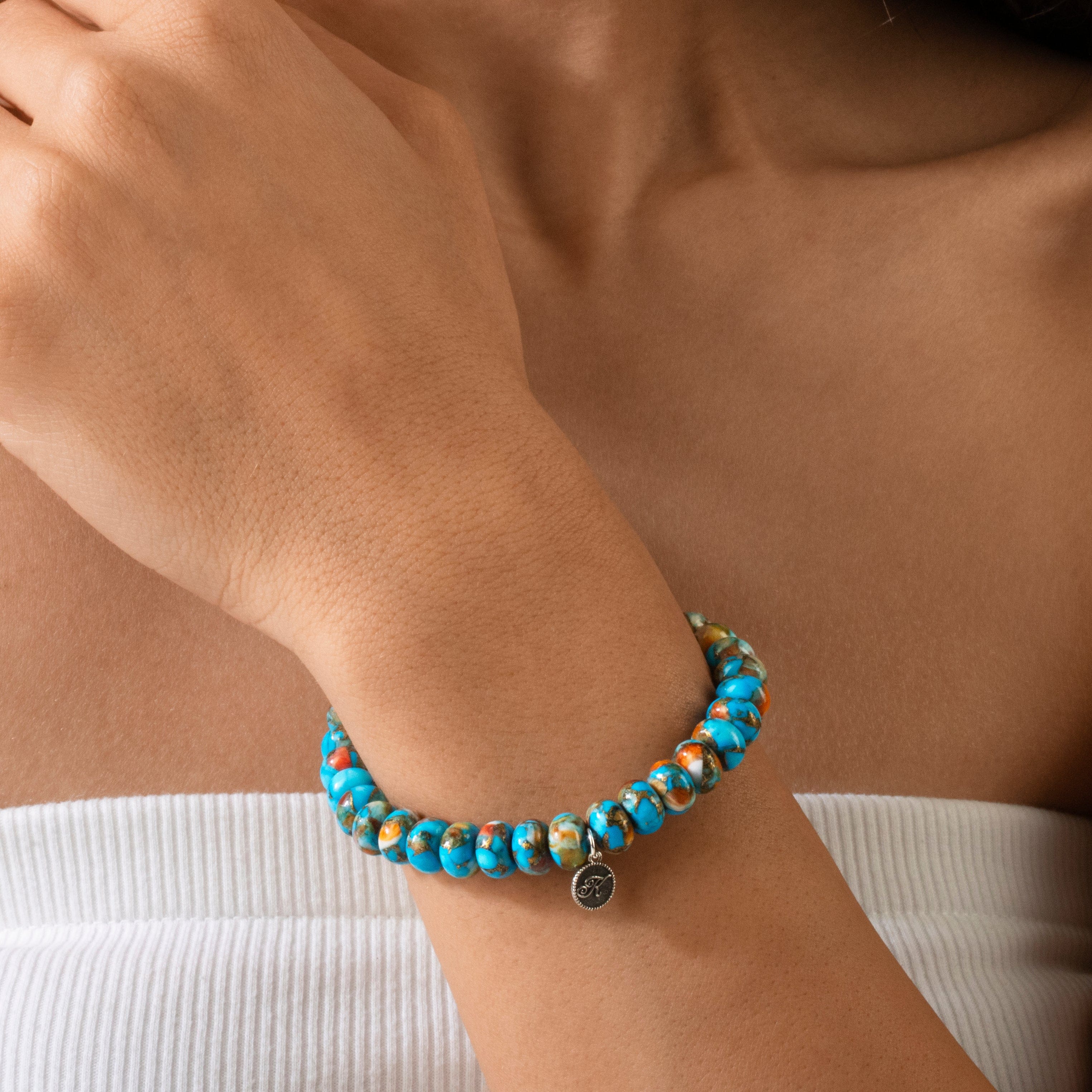 KALIFANO Gemstone Jewelry Natural Howlite Spiny Oyster 5x8mm Gemstone Bracelet