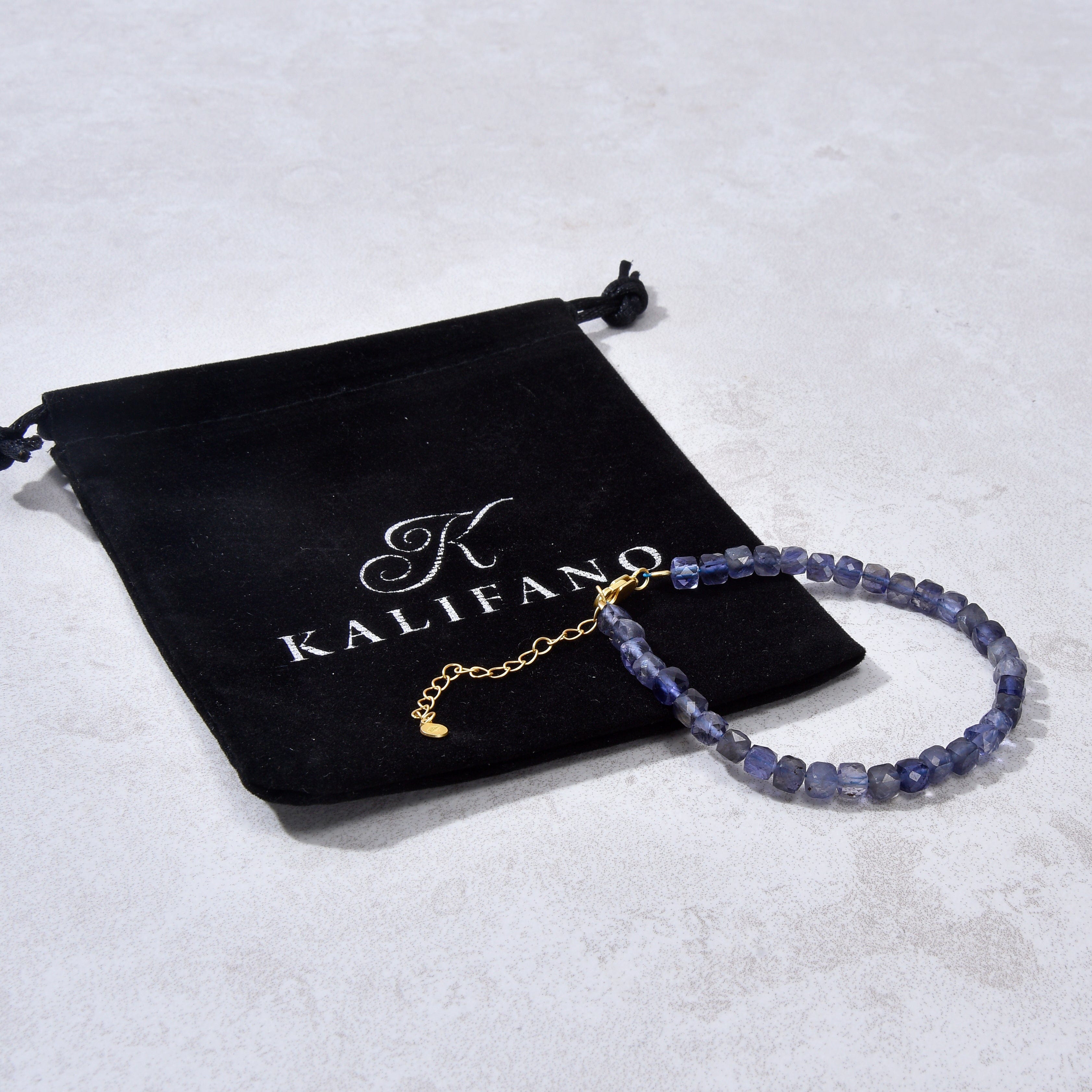 KALIFANO Gemstone Jewelry Natural Iolite Faceted 4mm Barrel Bracelet with Sterling Silver Extender B4-16G-IO
