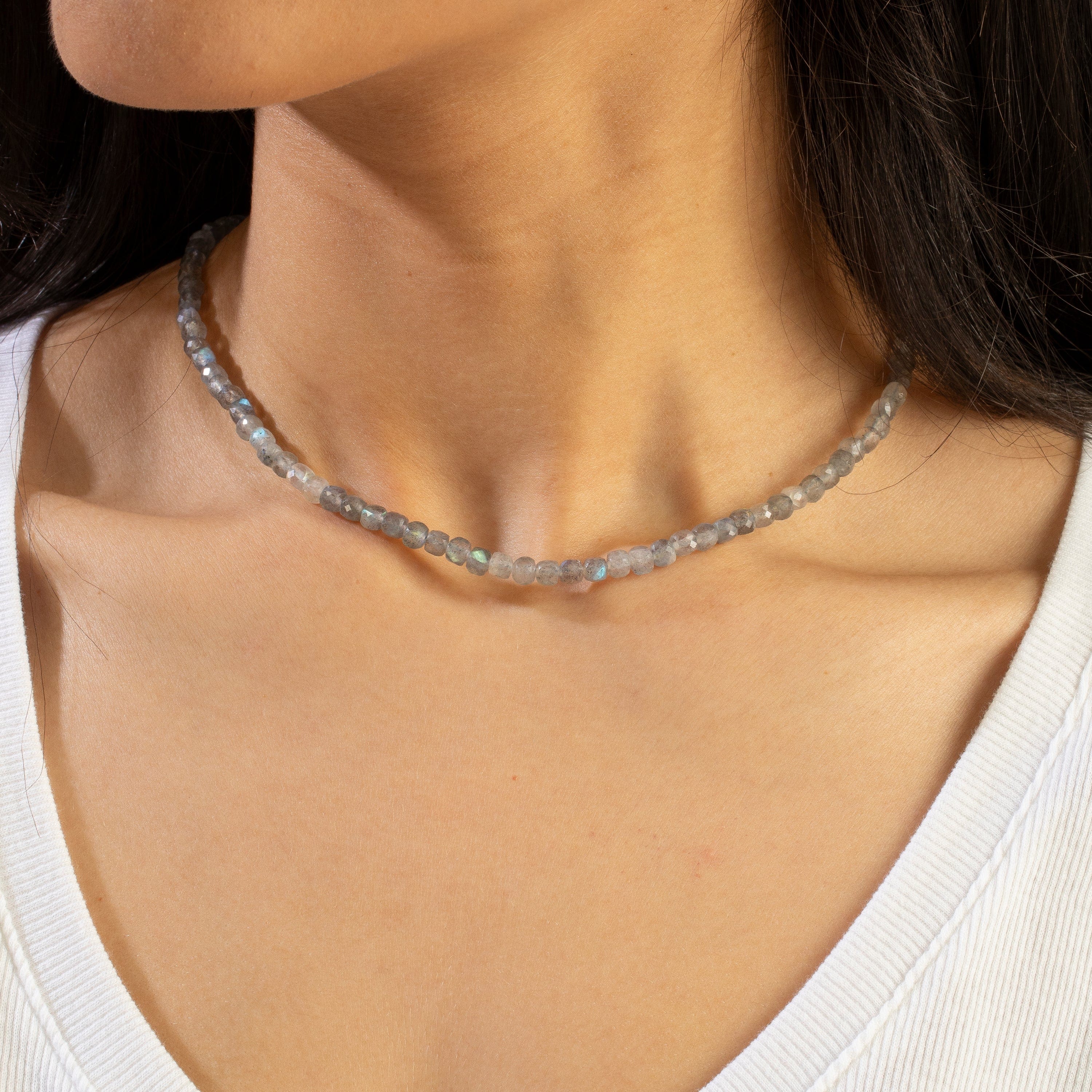 KALIFANO Gemstone Jewelry Natural Labradorite Faceted 4mm Barrel 16" Necklace with Sterling Silver Extender N4-41S-LB