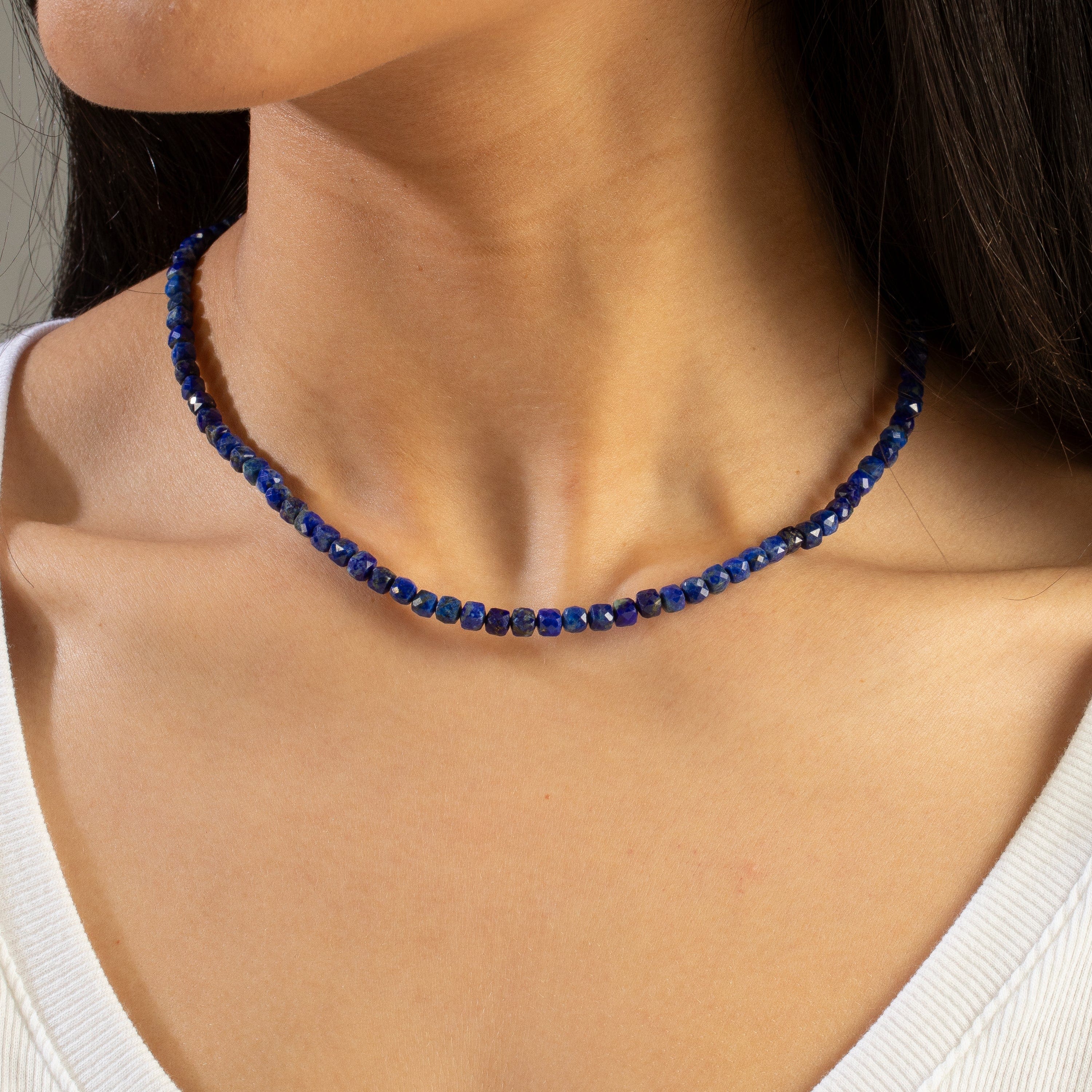 KALIFANO Gemstone Jewelry Natural Lapis Faceted 4mm Barrel 16" Necklace with Sterling Silver Extender N4-41S-LP