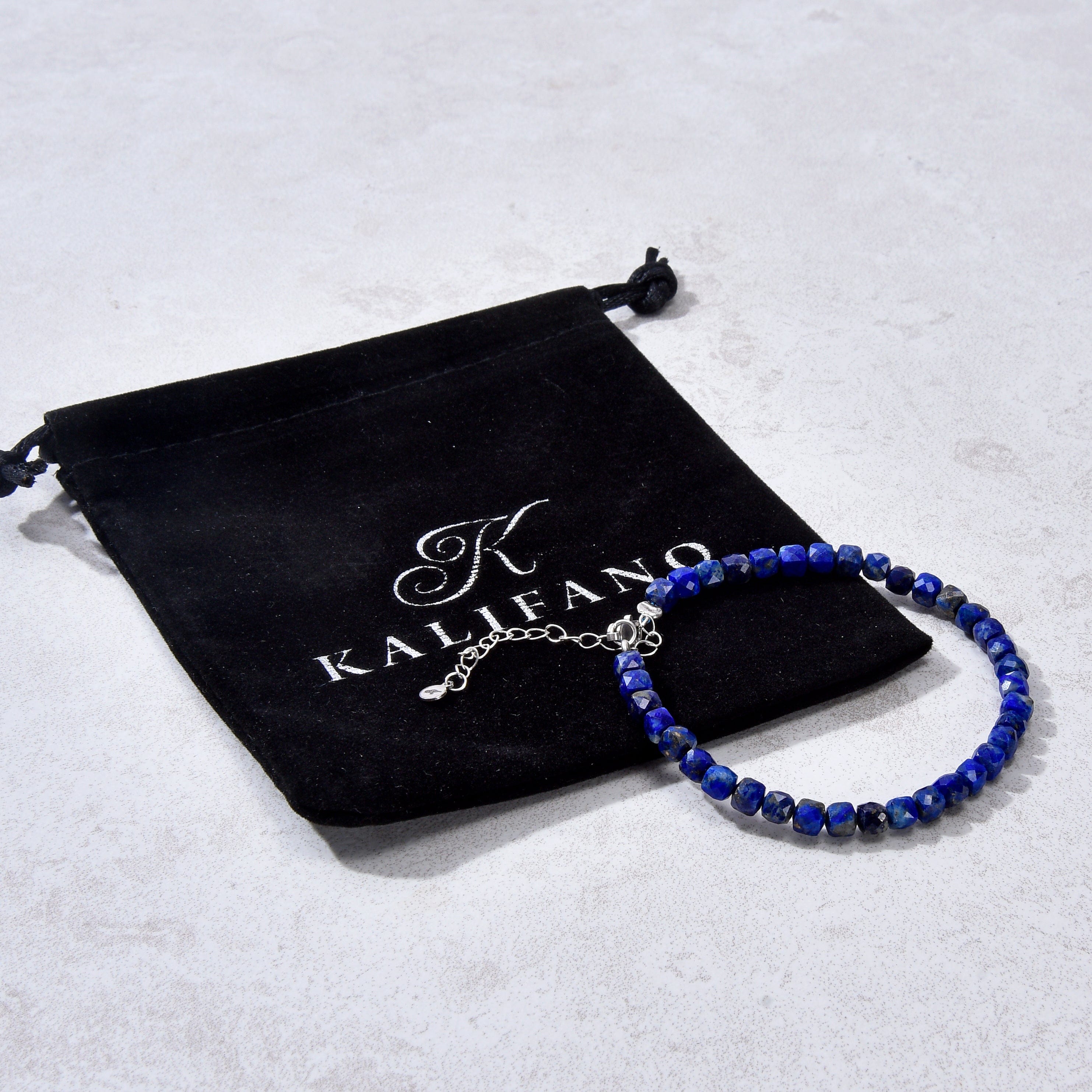 KALIFANO Gemstone Jewelry Natural Lapis Faceted 4mm Barrel Bracelet with Sterling Silver Extender B4-16S-LP