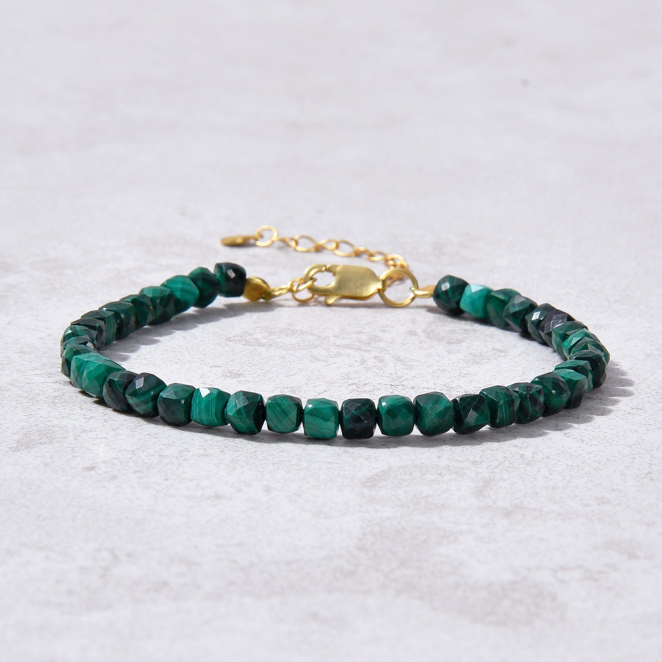 KALIFANO Gemstone Jewelry Natural Malachite Faceted 4mm Barrel Bracelet with Sterling Silver Extender B4-16G-MA