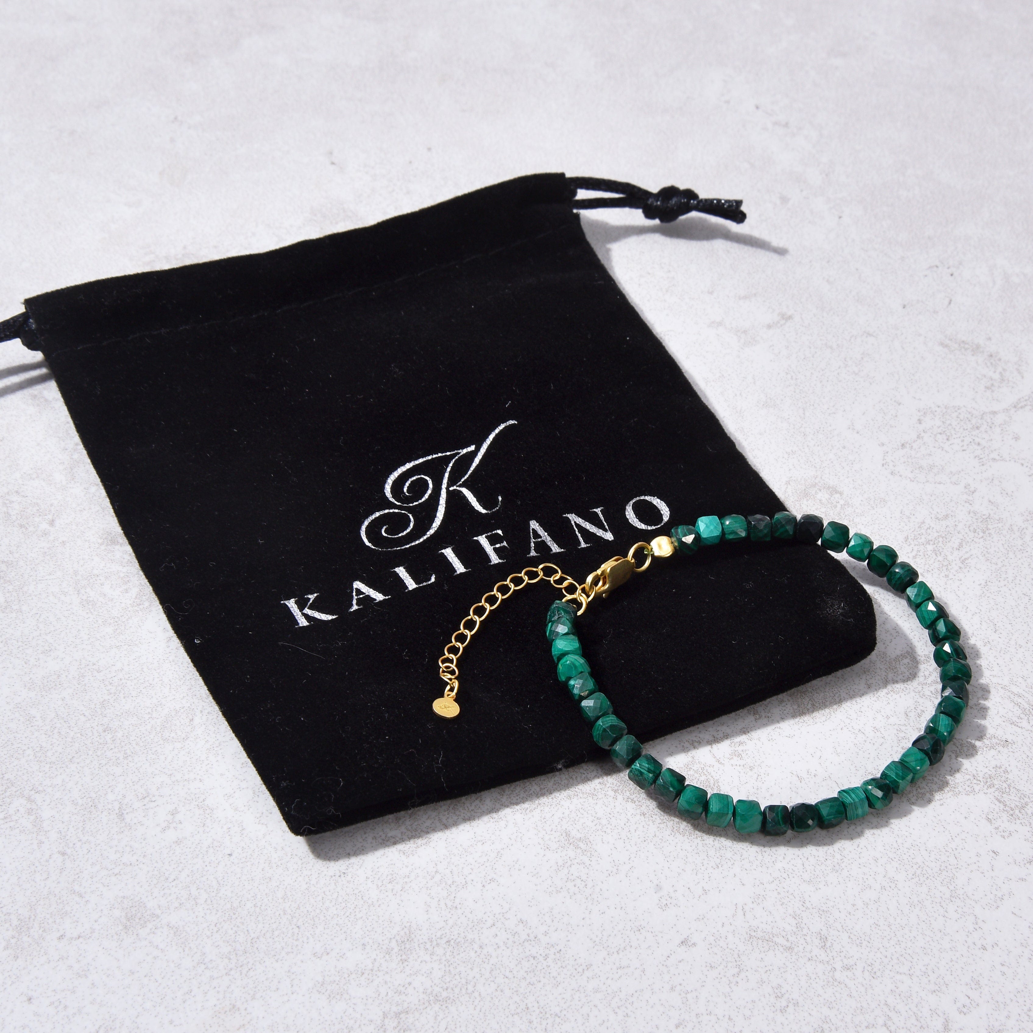 KALIFANO Gemstone Jewelry Natural Malachite Faceted 4mm Barrel Bracelet with Sterling Silver Extender B4-16G-MA