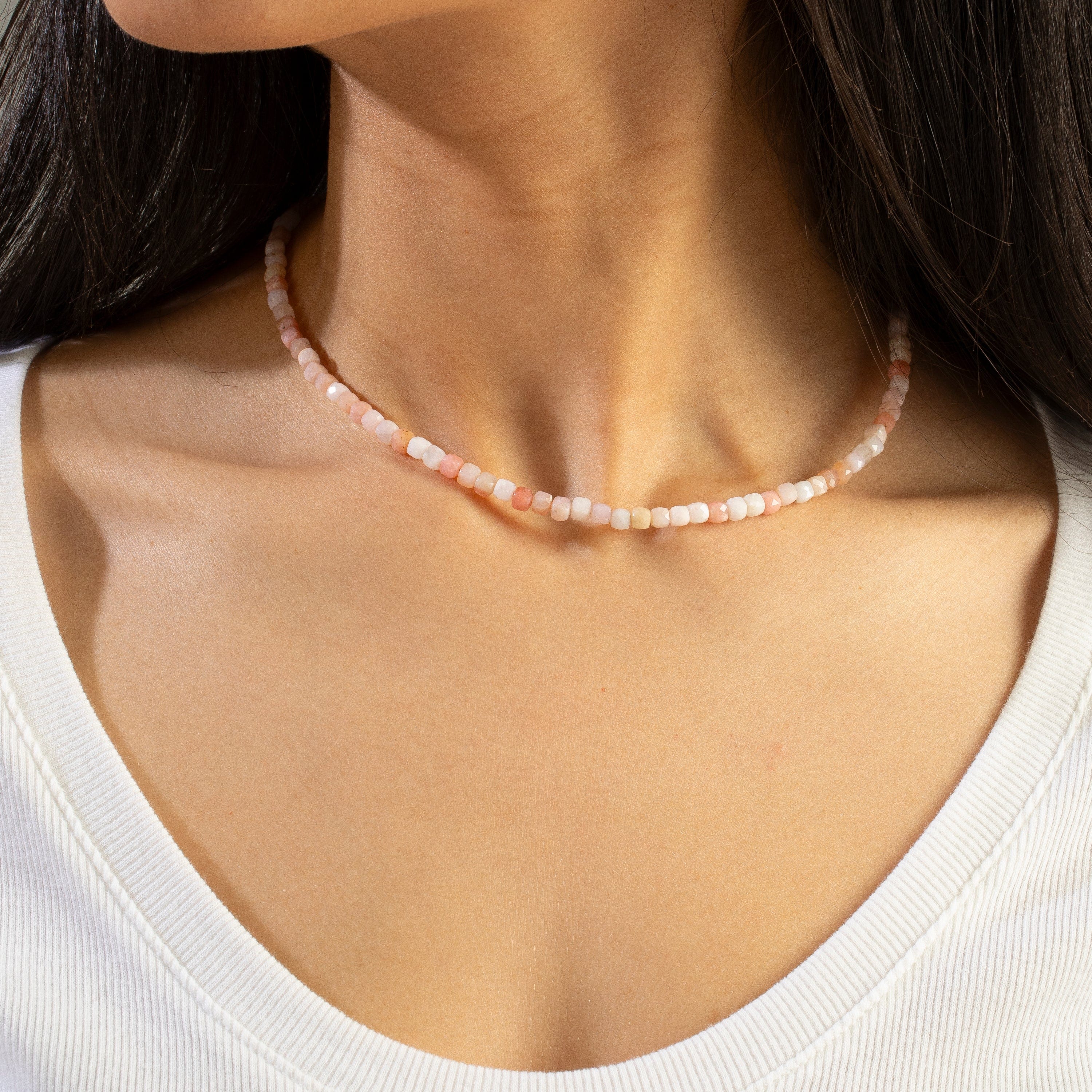 KALIFANO Gemstone Jewelry Natural Pink Opal Faceted 4mm Barrel 16" Necklace with Sterling Silver Extender N4-41G-PO