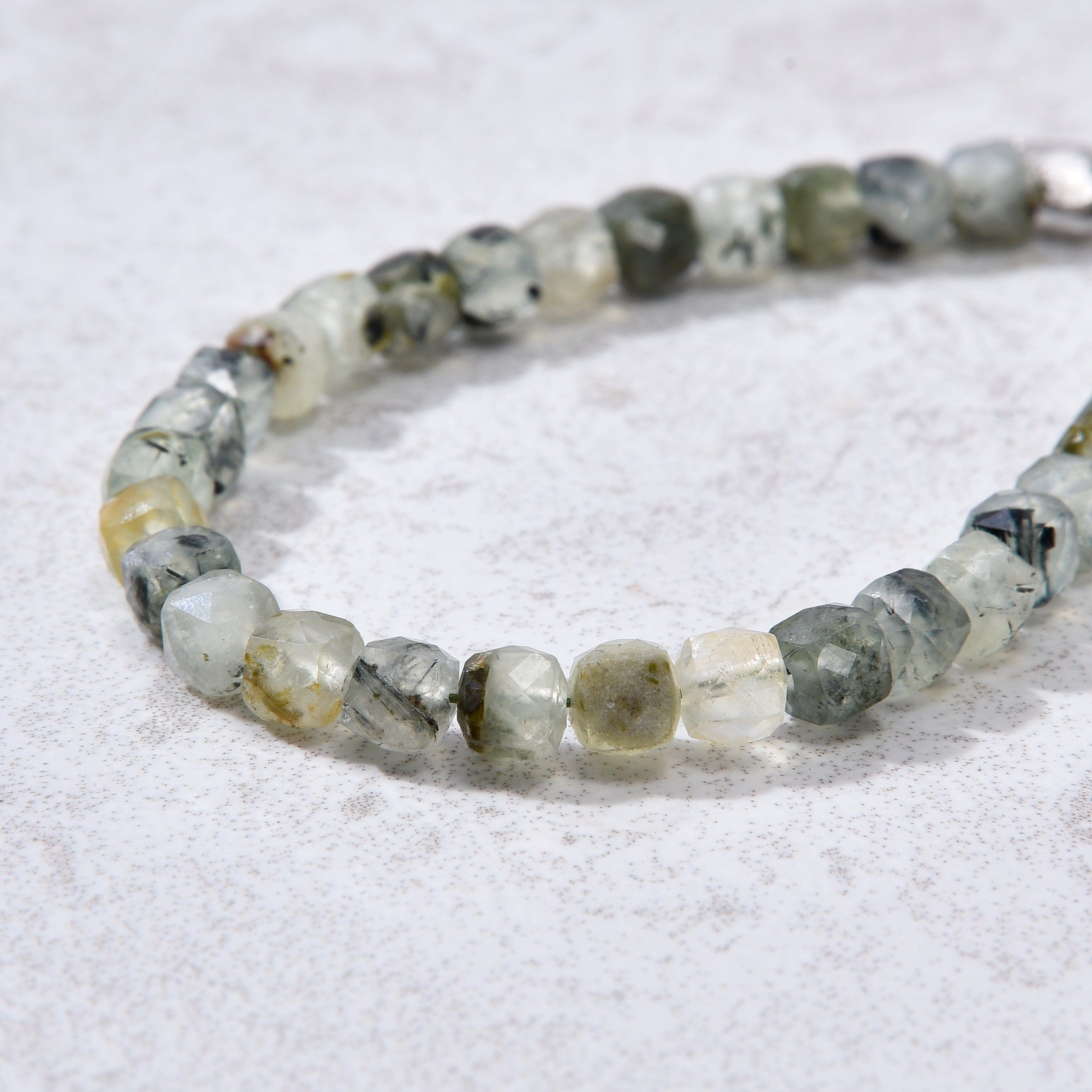 KALIFANO Gemstone Jewelry Natural Prehnite Faceted 4mm Barrel Bracelet with Sterling Silver Extender B4-16S-PT