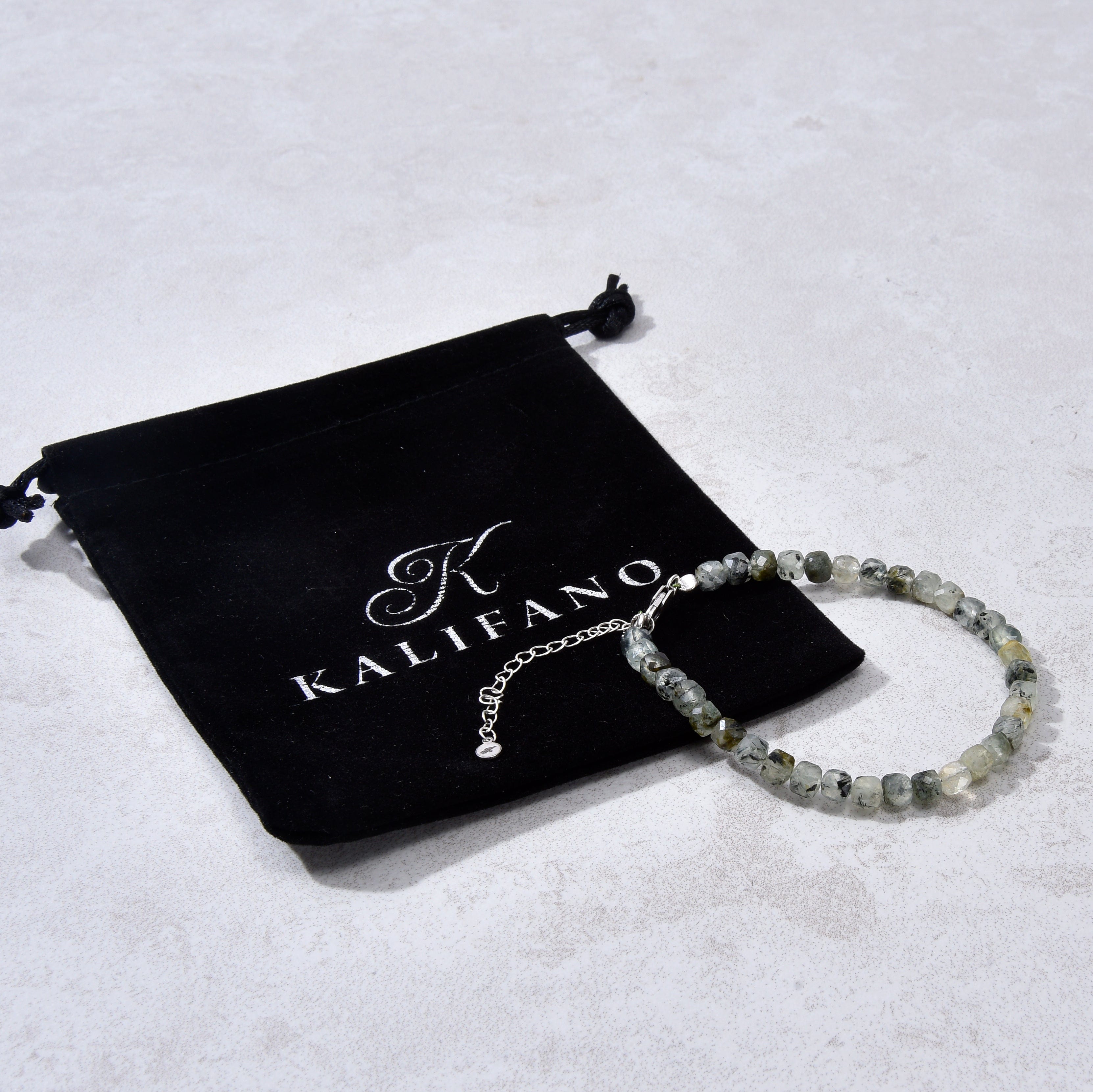 KALIFANO Gemstone Jewelry Natural Prehnite Faceted 4mm Barrel Bracelet with Sterling Silver Extender B4-16S-PT