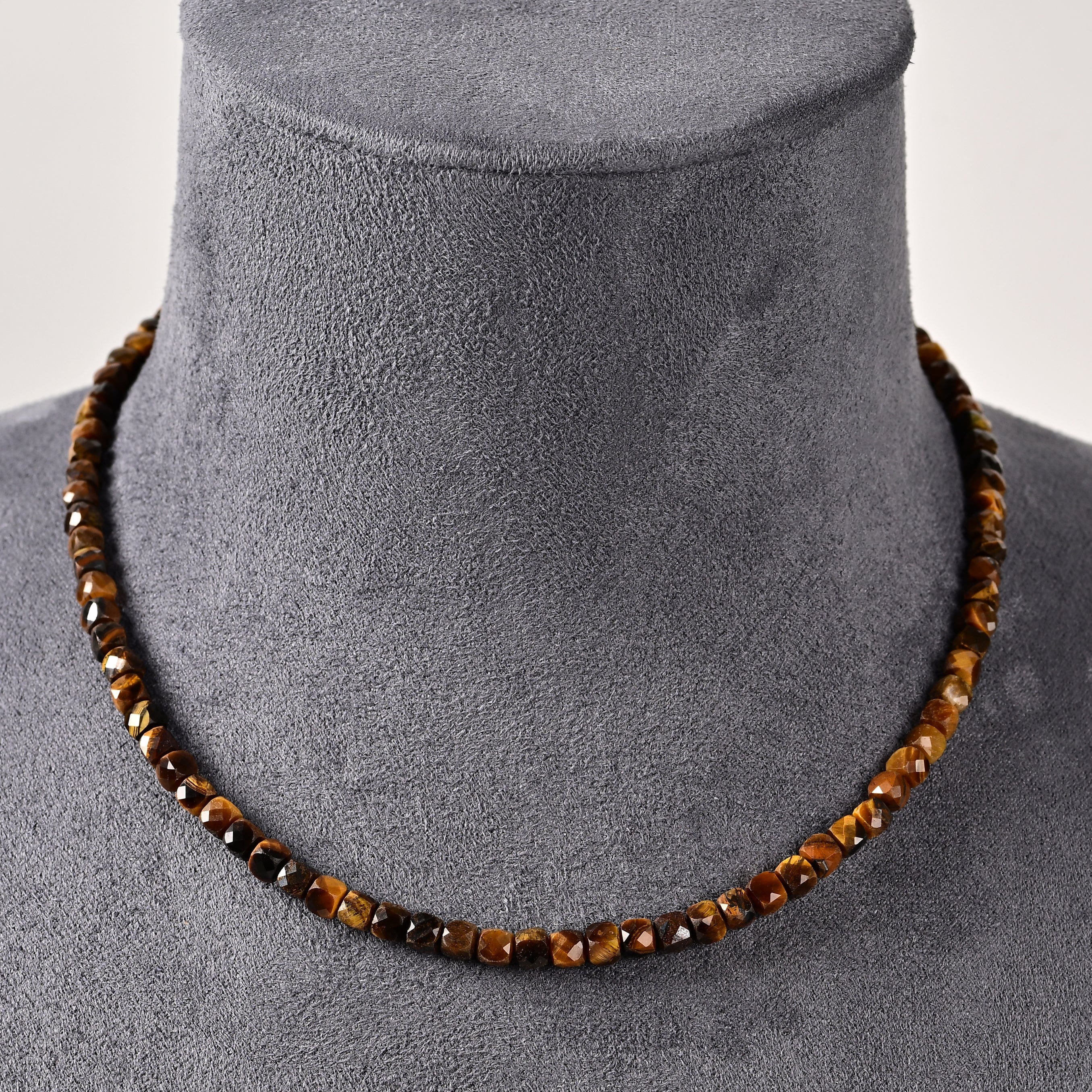 KALIFANO Gemstone Jewelry Natural Tiger Eye Faceted 4mm Barrel 16in Necklace with Sterling Silver Extender N4-41S-TE