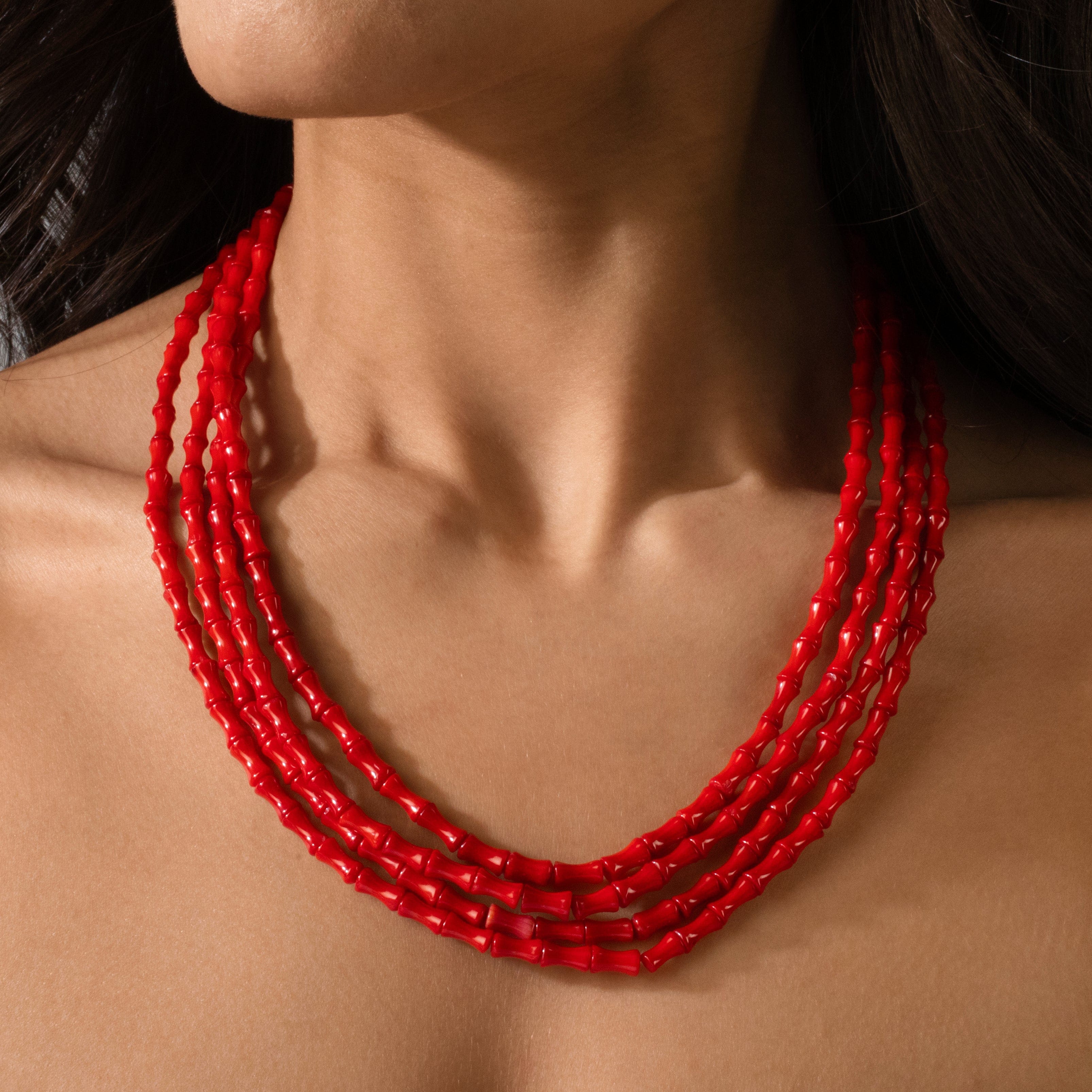 Kalifano Gemstone Jewelry Red Coral 5x8mm Bamboo Gemstone Necklace with Sterling Silver Clasp - 20" 8GN-RC