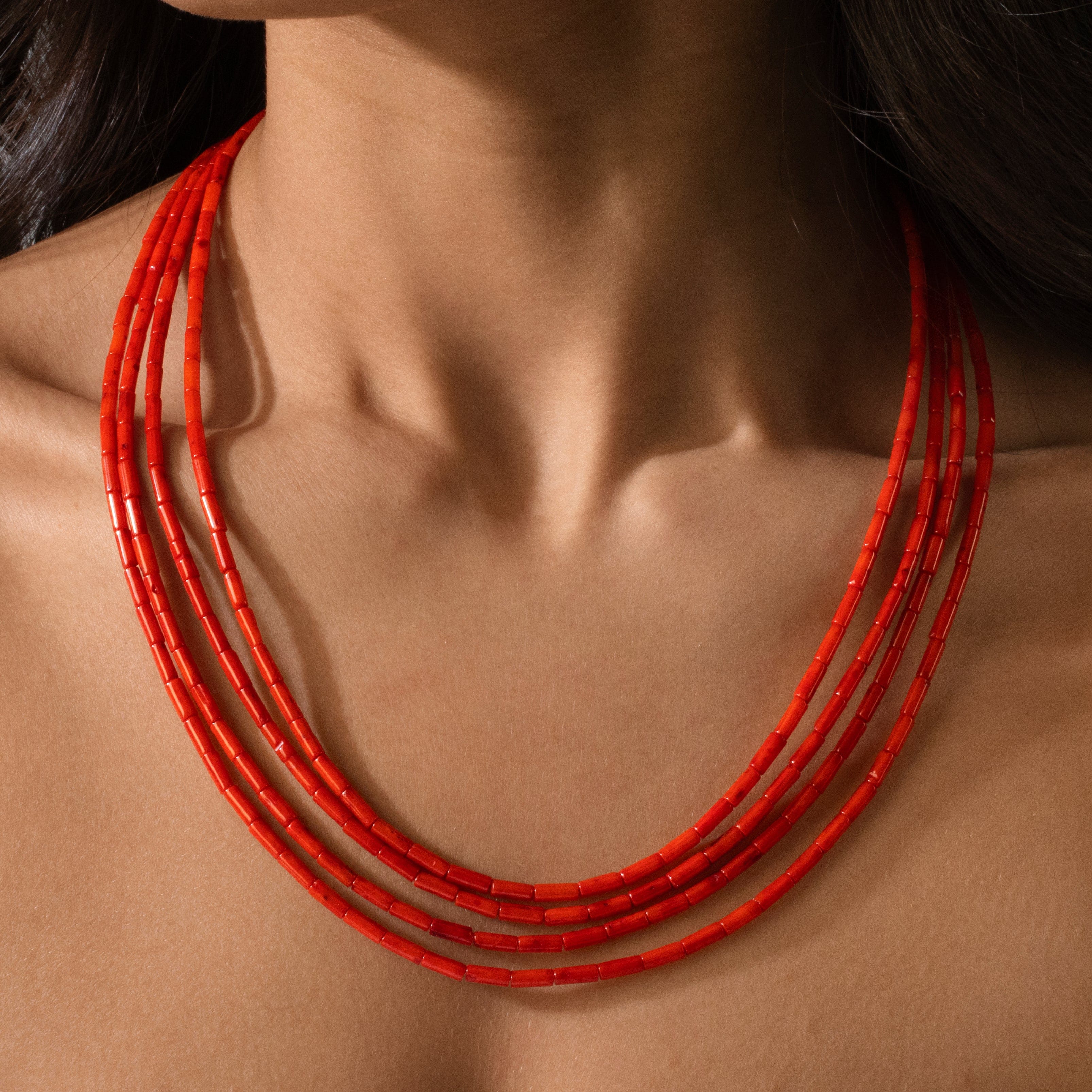 Kalifano Gemstone Jewelry Red Coral 7x3mm Pipe Gemstone Necklace with Sterling Silver Clasp - 20" 8GN-RC2