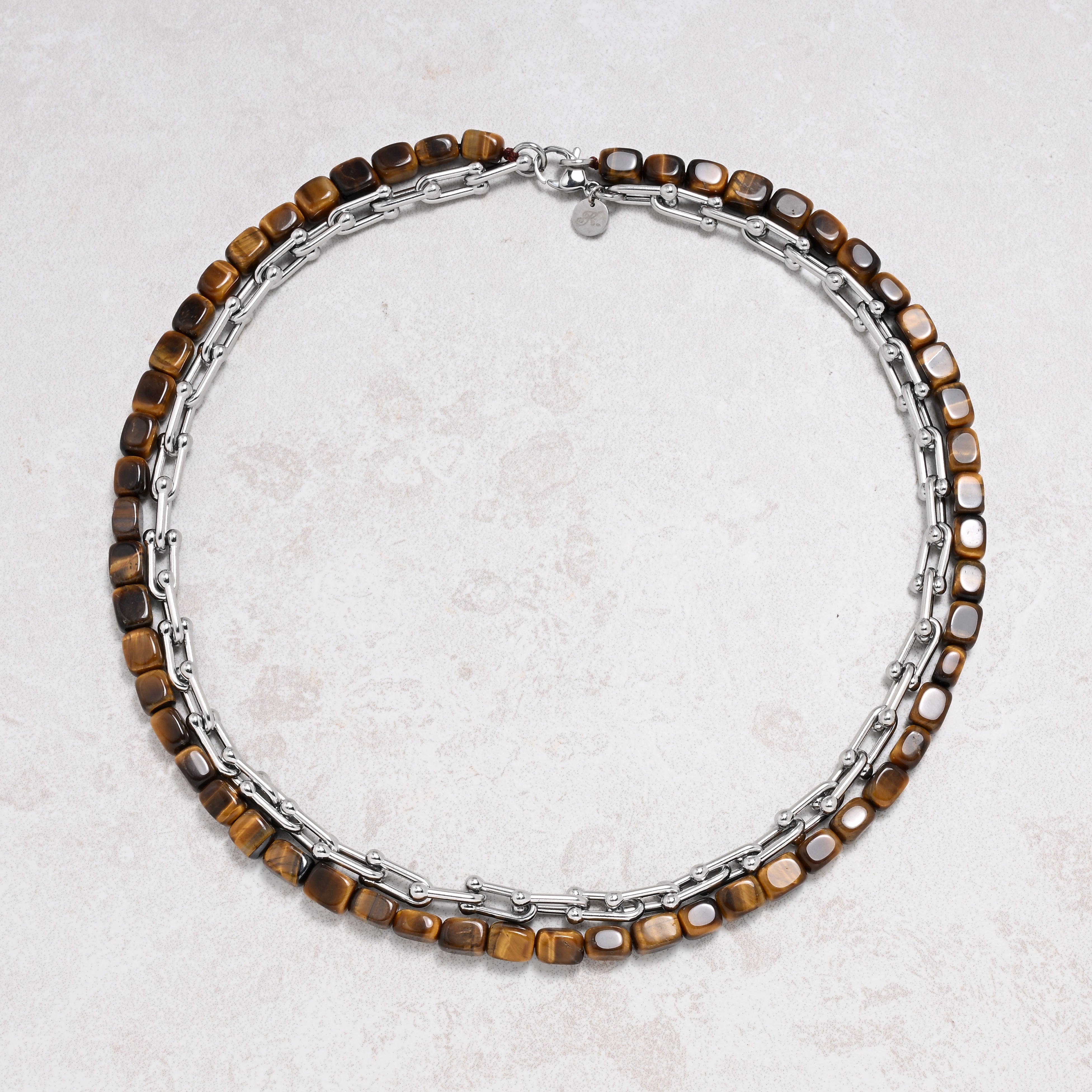 KALIFANO Gemstone Jewelry Tiger Eye & Silver Hardware Style Chain Adjustable Necklace 2SN-TE