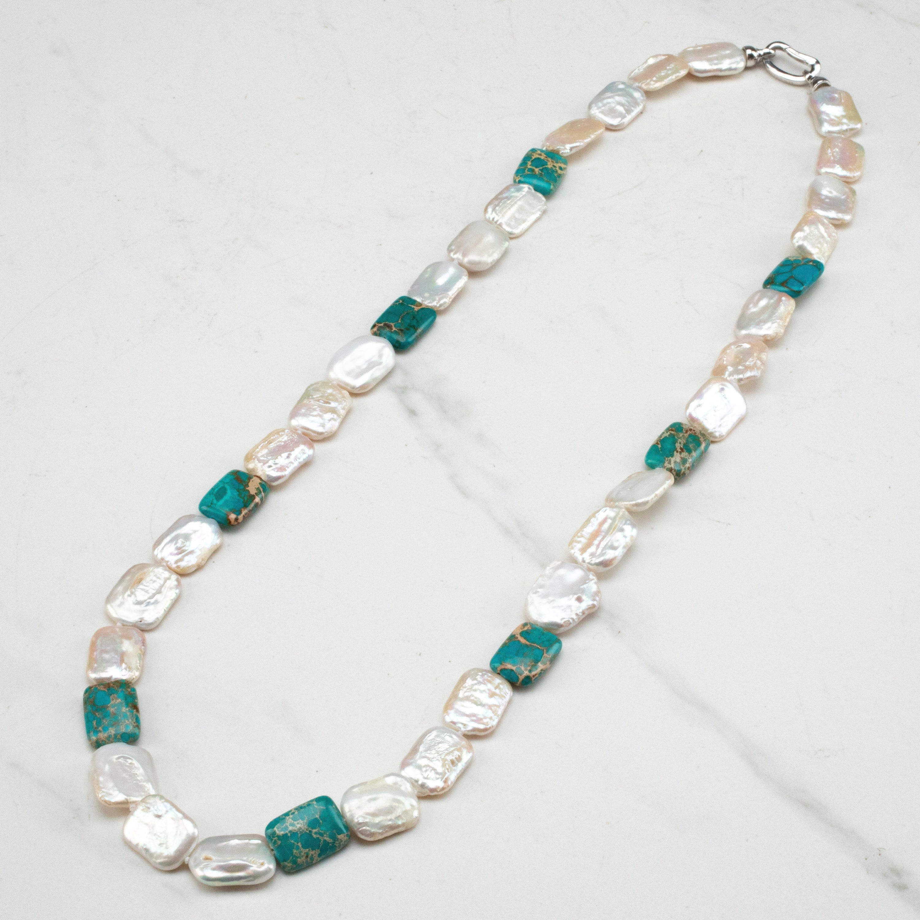 KALIFANO Gemstone Necklaces Coin Square Freshwater Pearl & Howlite Turquoise Necklace - 29" PN-15x20-TQ